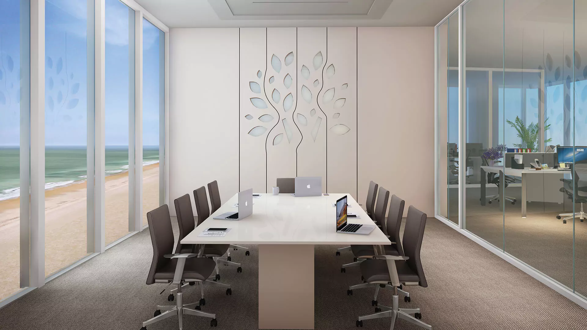 Conferance Space Country Finance Tower Luxury Offices For Sale in Clifton Block 4 Karachi Modern conference room in Country Finance Tower Clifton with ocean beach view large glass windows white table laptops black c