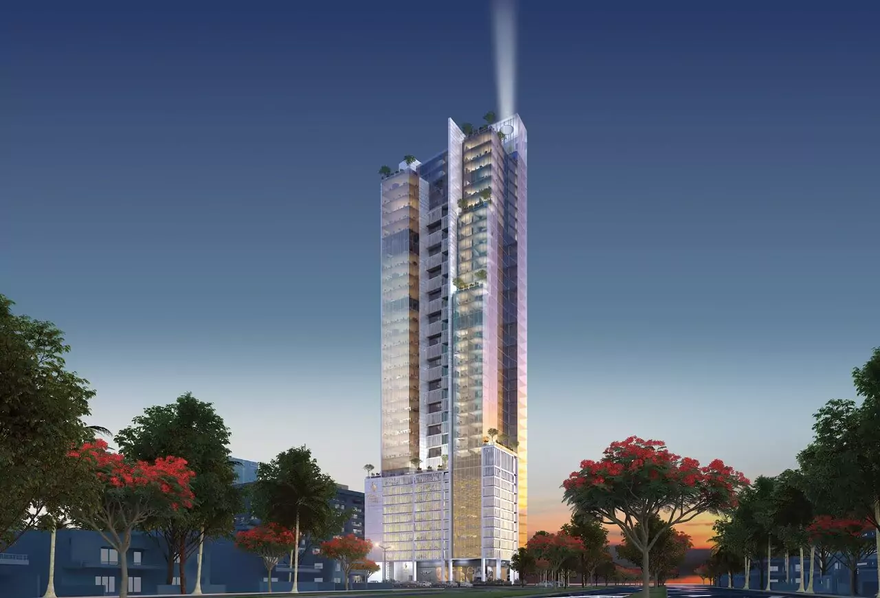 Country Finance Tower Luxury Offices For Sale in Clifton Block 4 Karachi Country Finance Tower in Clifton: sleek twin-tower luxury office high-rise with glass facade, palm trees, and nighttime light