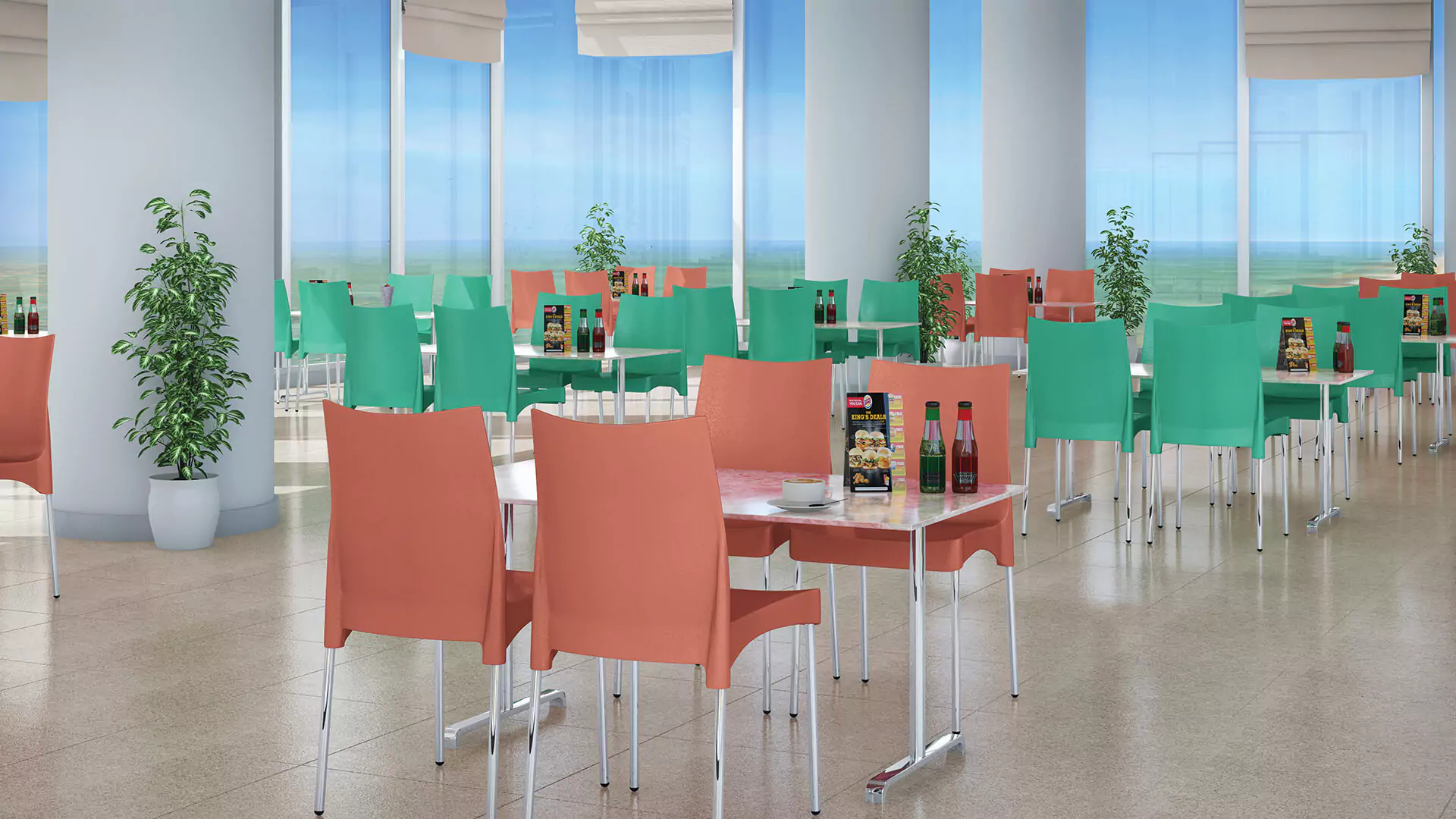 Food-Court Space Country Finance Tower Luxury Offices For Sale in Clifton Block 4 Karachi Modern office cafeteria in Country Finance Tower Clifton with green orange chairs tables plants large windows
