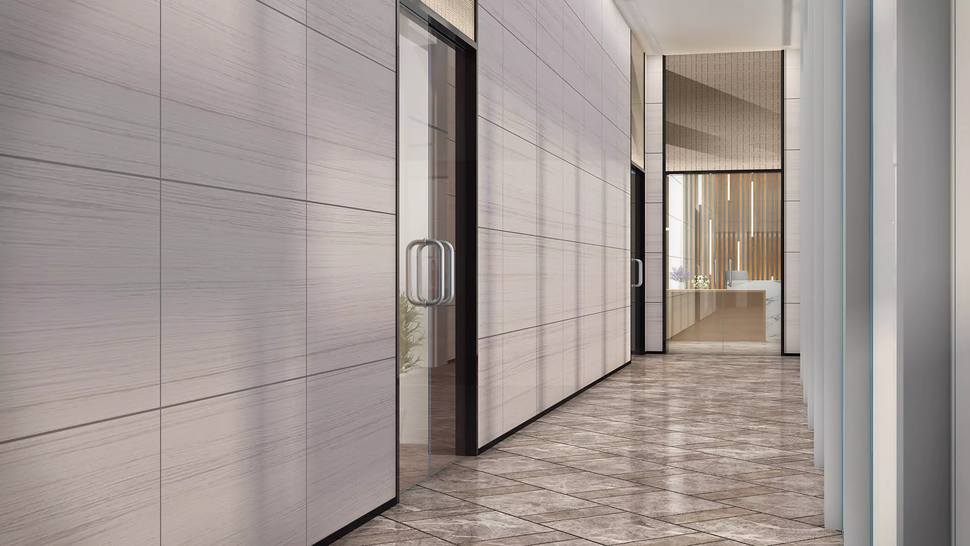 Office-Corridor Space Country Finance Tower Luxury Offices For Sale in Clifton Block 4 Karachi Modern corridor in Country Finance Tower Clifton with light gray panel walls glass doors polished terrazzo floors and large w