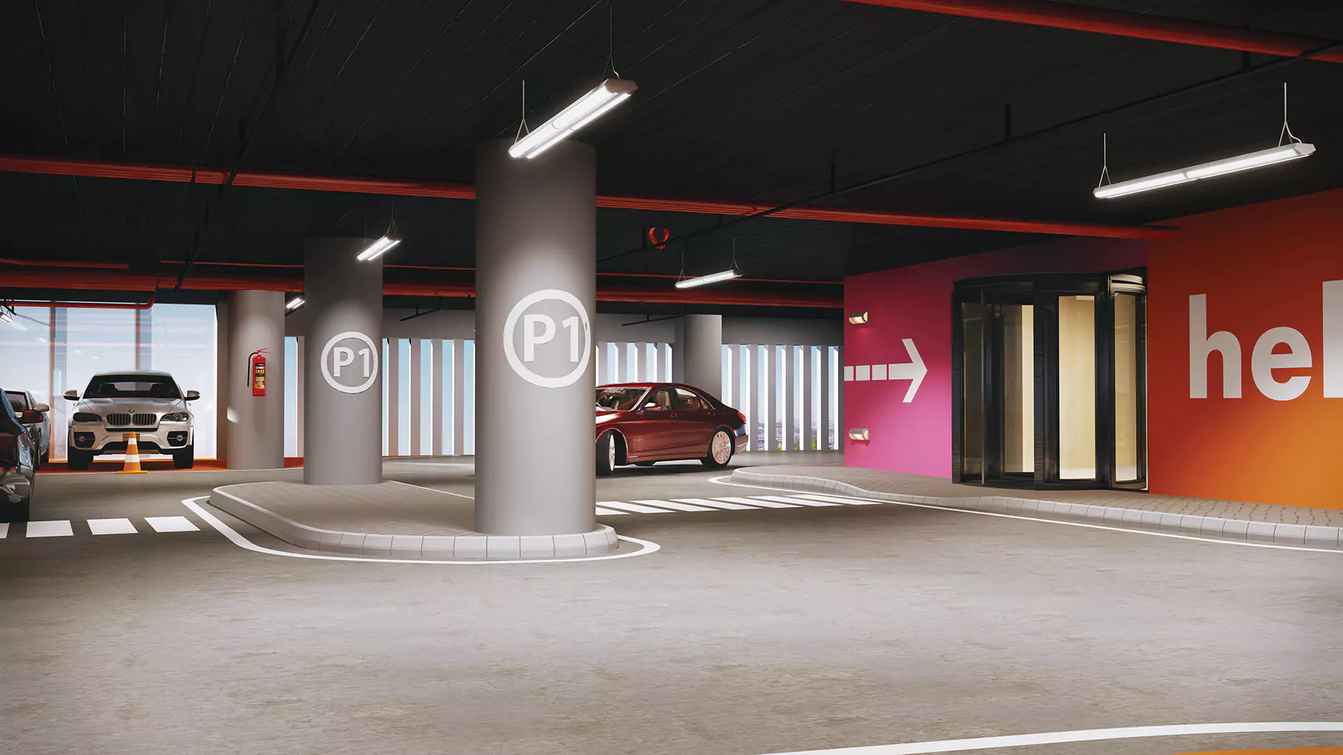 Parking Space Country Finance Tower Luxury Offices For Sale in Clifton Block 4 Karachi Spacious parking garage in Country Finance Tower Clifton with marked P1 spaces cars modern lighting glass doors