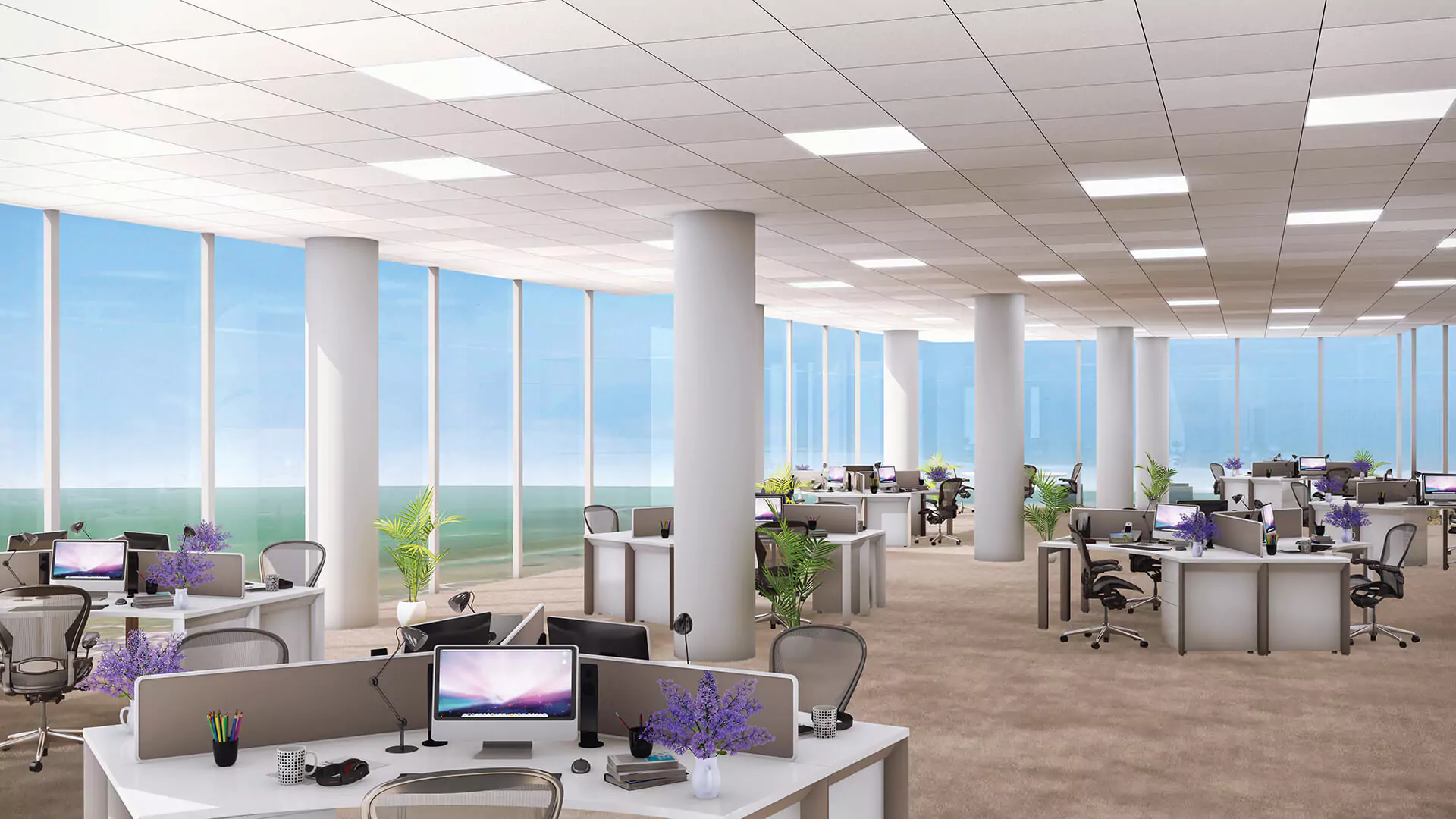 Workspace Space Country Finance Tower Luxury Offices For Sale in Clifton Block 4 Karachi Spacious modern office interior in Country Finance Tower Clifton with cubicles desks computers plants large sea-view windows