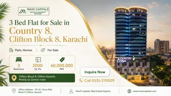 Modern High-Rise Flat For Sale In Clifton Block 8, Karachi With Illuminated Tower Exterior At Dusk