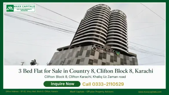Curved twin-tower facade at Country 8, a flat for sale in Clifton Block 8, Karachi