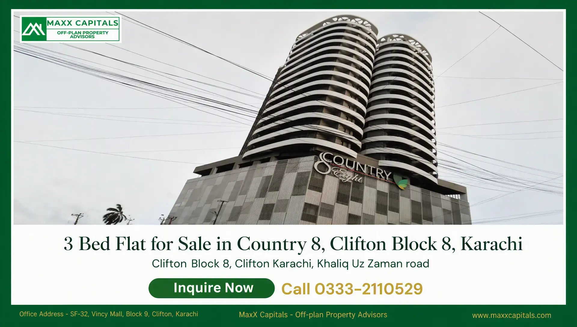 3 Bed Flat for Sale in Country 8, Clifton Block 8, Karachi Curved twin-tower facade at Country 8, a flat for sale in Clifton Block 8, Karachi