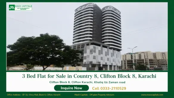 Twin-tower high-rise flat for sale in Clifton Block 8 with curved balconies and podium facade