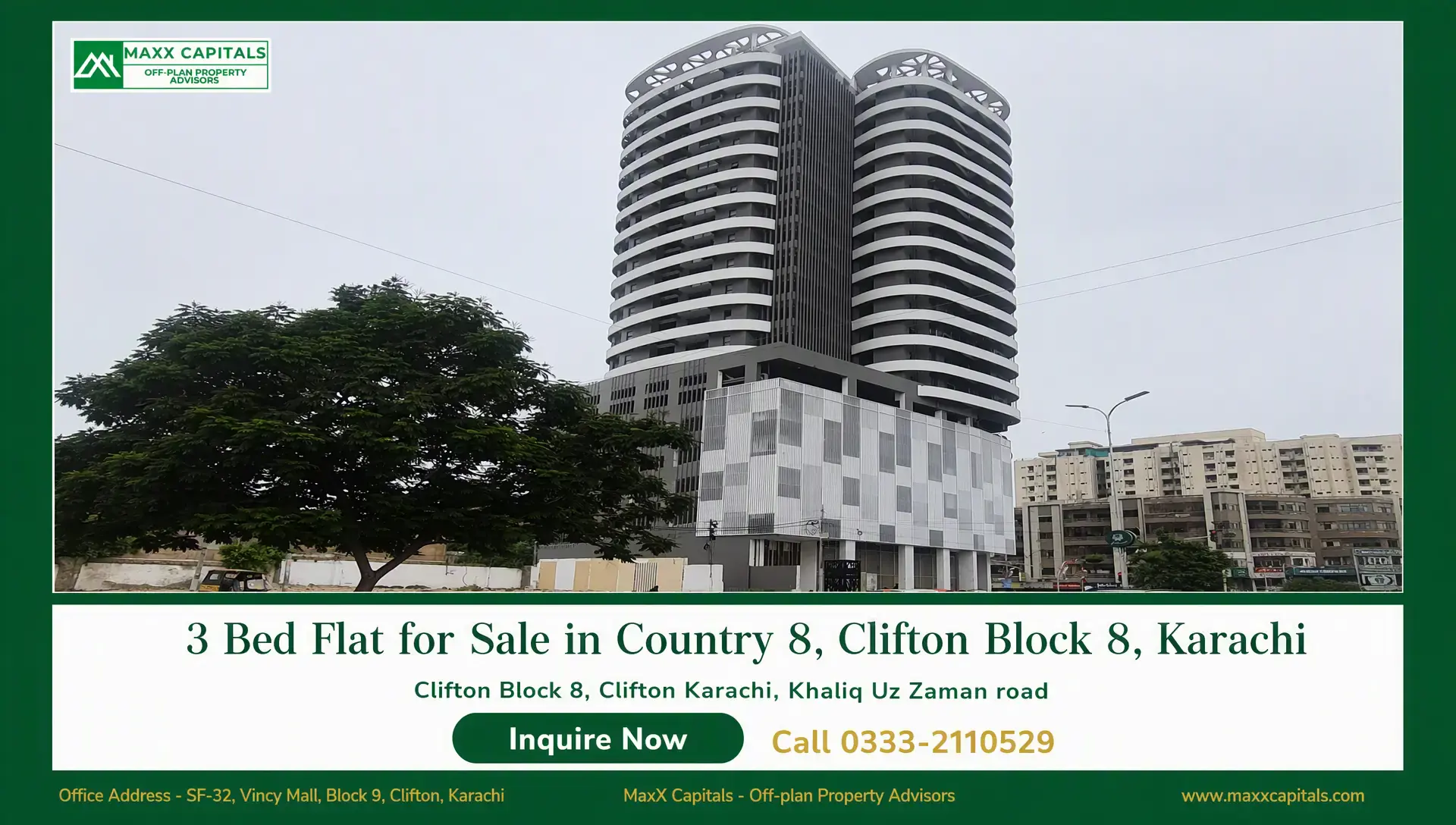 3 Bed Flat for Sale in Country 8, Clifton Block 8, Karachi Twin-tower high-rise flat for sale in Clifton Block 8 with curved balconies and podium facade