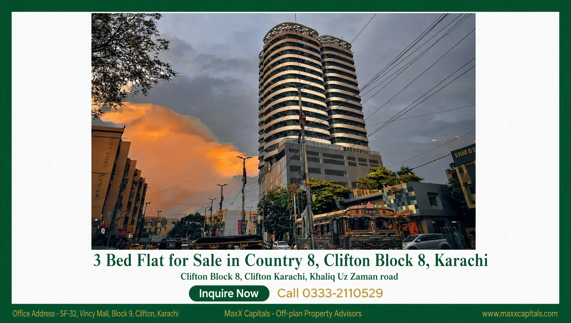 3 Bed Flat for Sale in Country 8, Clifton Block 8, Karachi High-rise flat for sale in Clifton Block 8, Karachi with curved balconies and street view