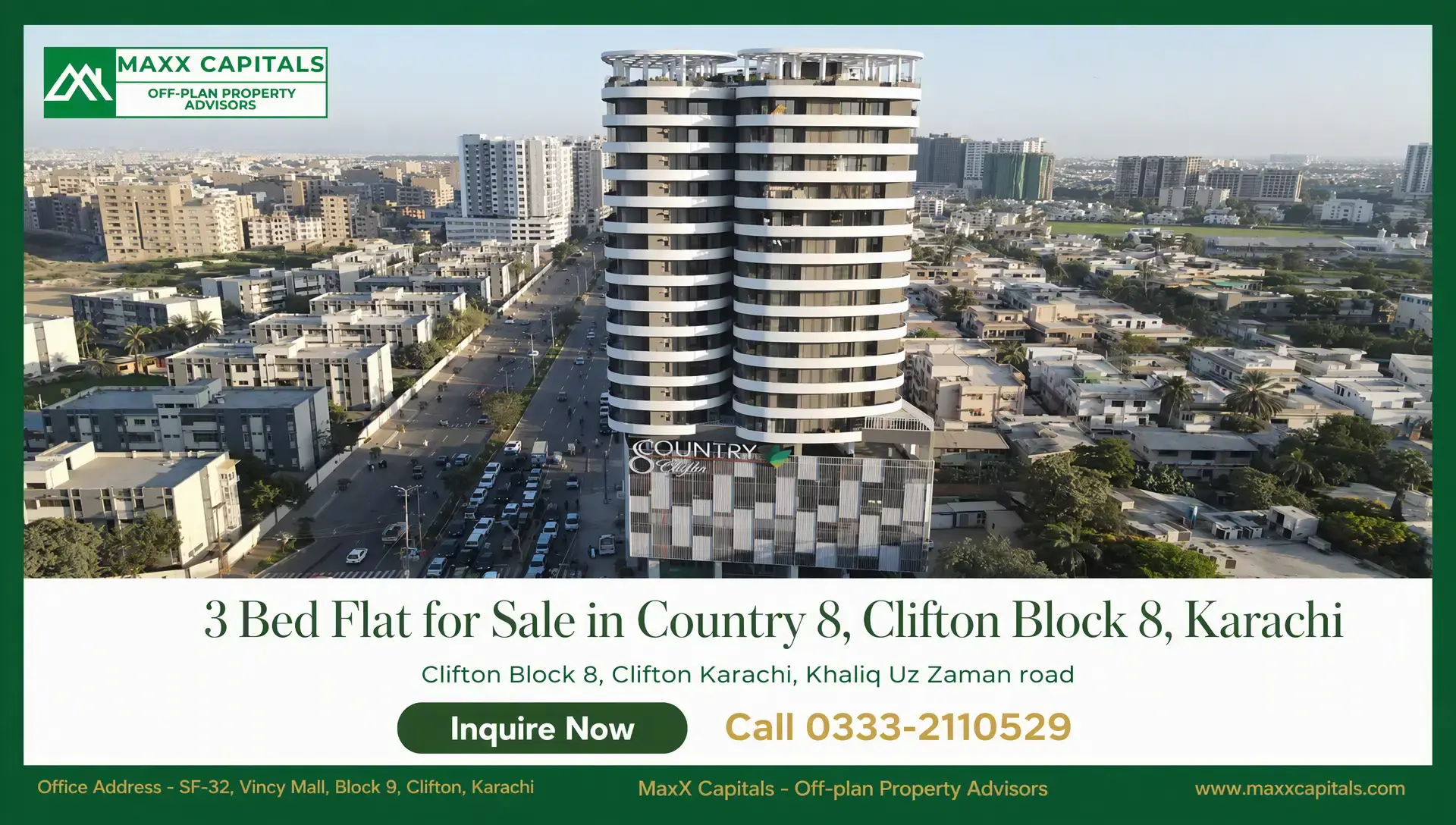 3 Bed Flat for Sale in Country 8, Clifton Block 8, Karachi Modern twin-tower flat for sale in Clifton Block 8 with glass façade and city-view high-rise setting