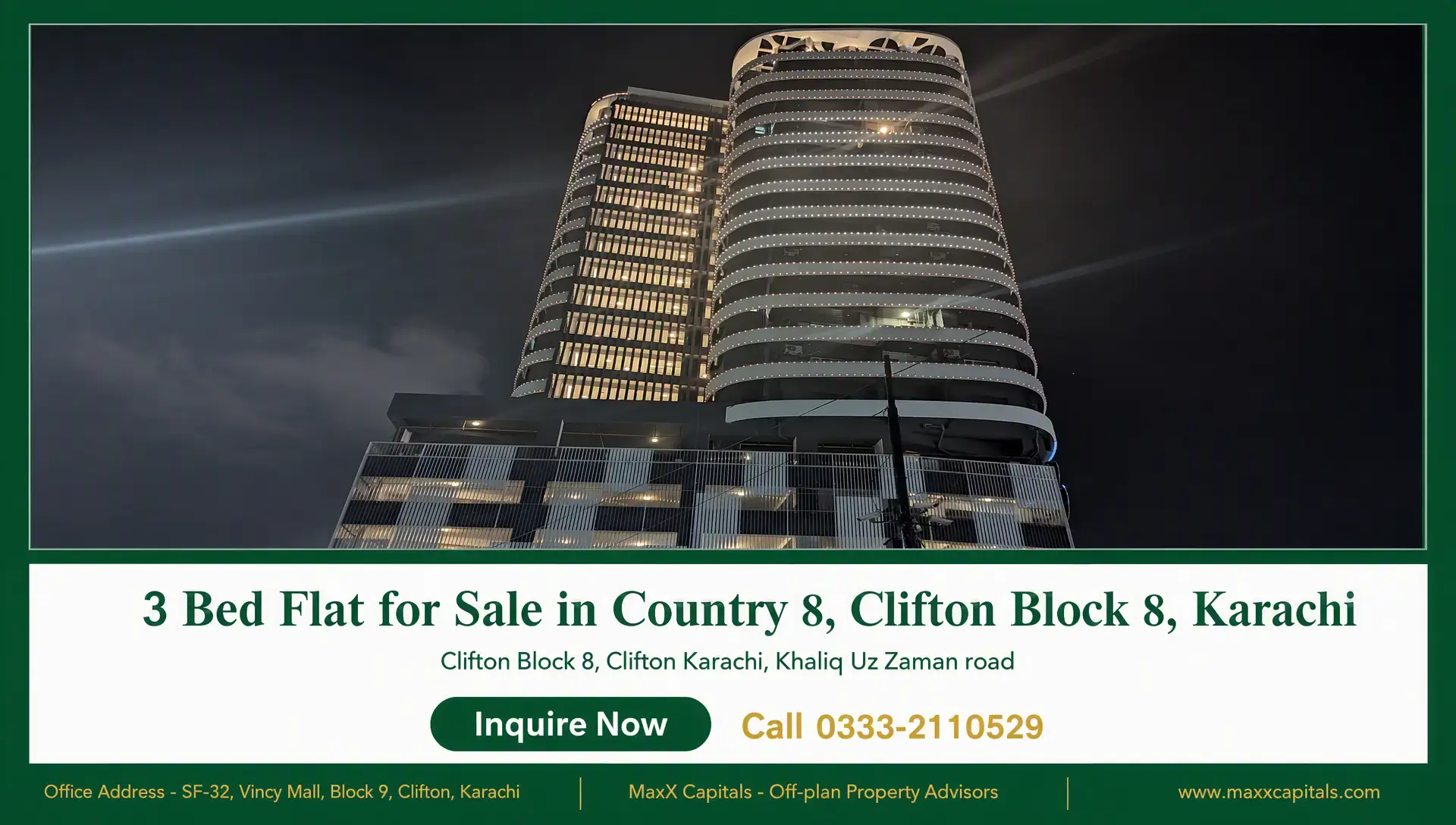 3 Bed Flat for Sale in Country 8, Clifton Block 8, Karachi Night view of a modern high-rise flat for sale in Clifton Block 8 with illuminated balconies and tower facade