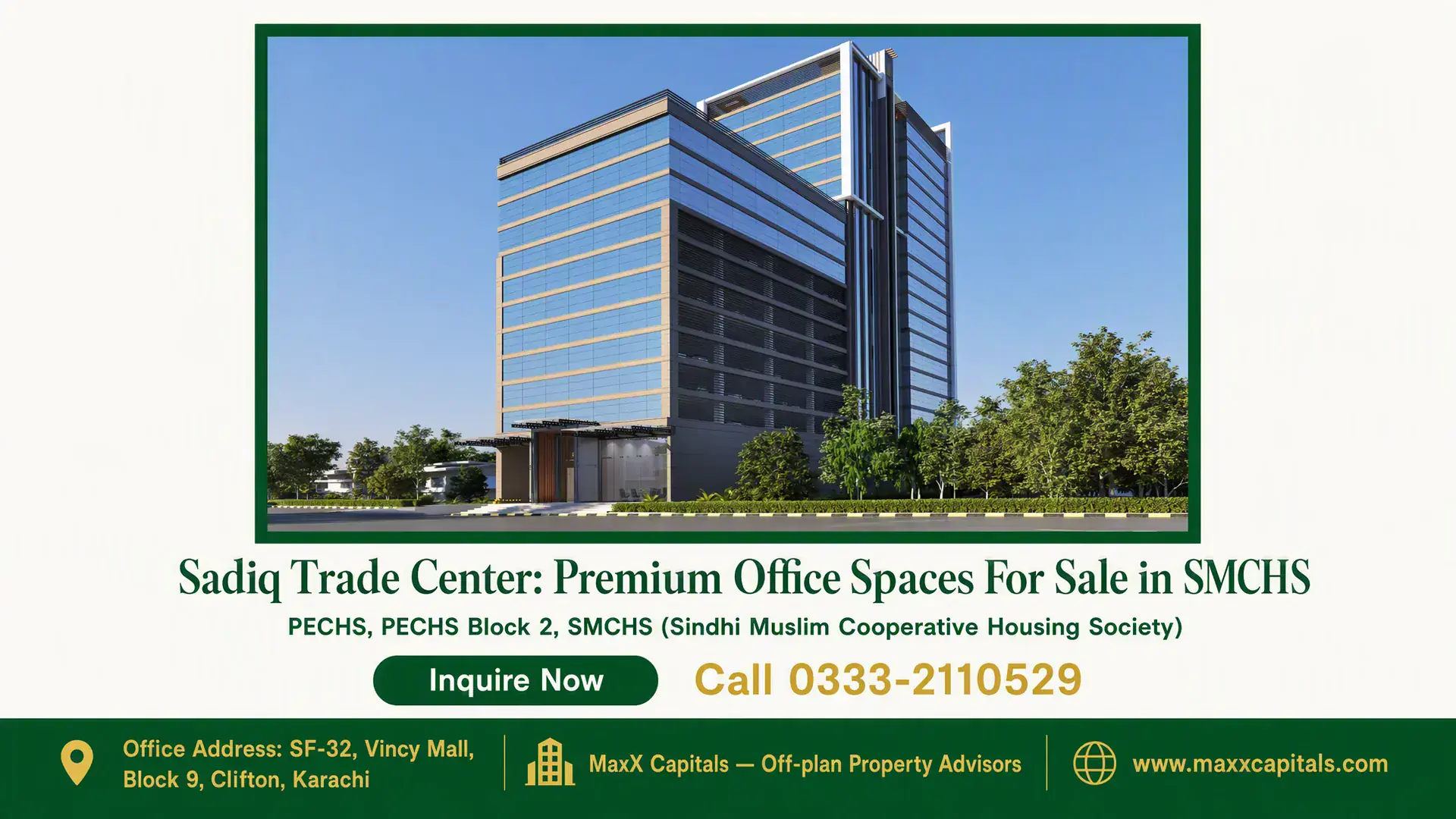Sadiq Trade Center: Premium Office Spaces For Sale in SMCHS Modern glass-fronted Sadiq Trade Center building surrounded by greenery in SMCHS under a clear blue sky.
