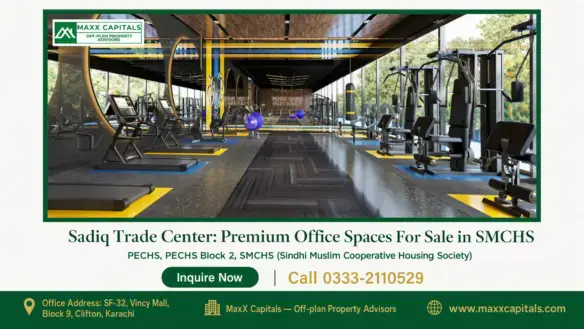 Luxurious fitness gym at Sadiq Trade Center with sleek equipment, large mirrors, and glass windows overlooking greenery.