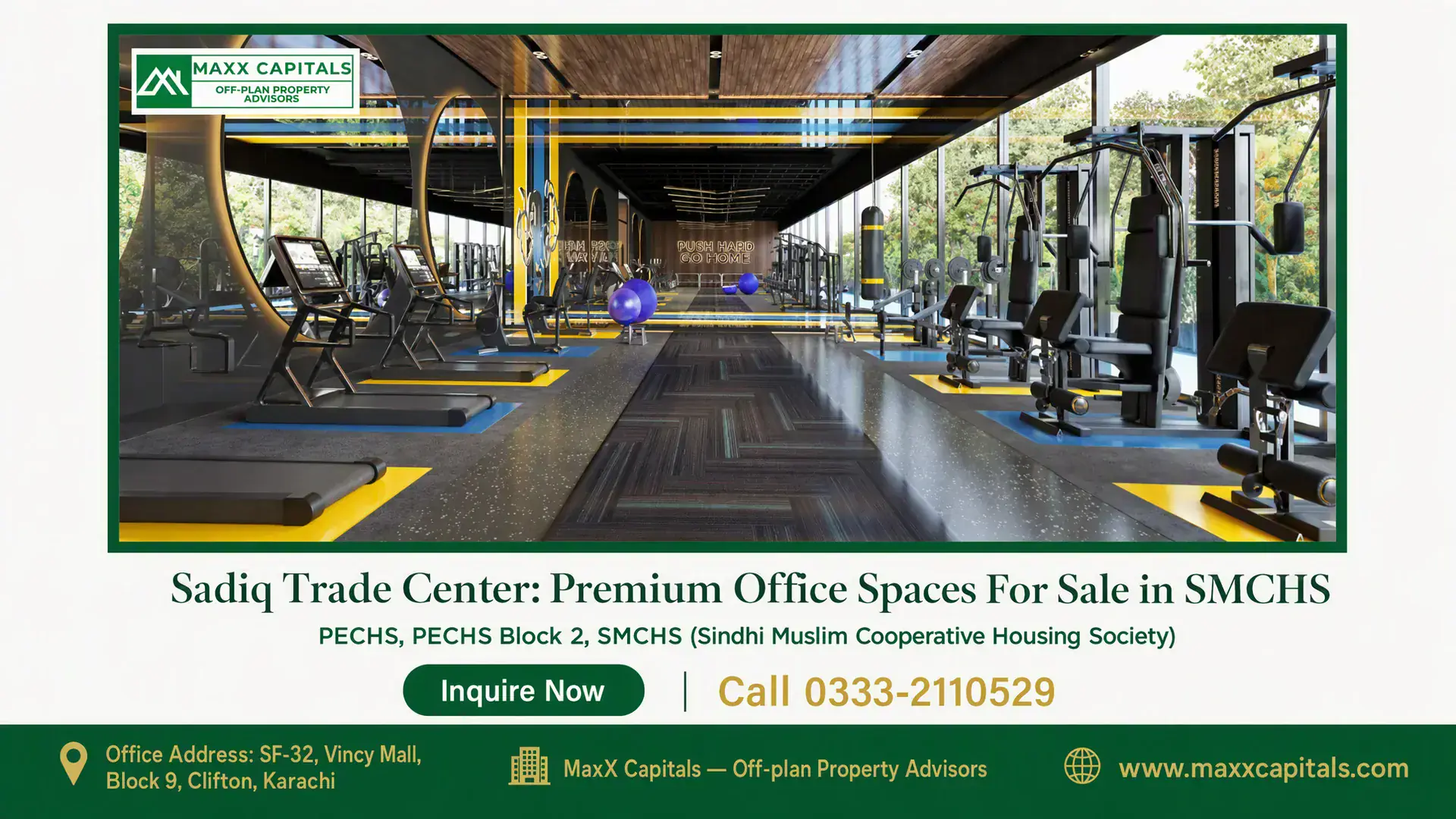 Sadiq Trade Center: Premium Office Spaces For Sale in SMCHS Luxurious fitness gym at Sadiq Trade Center with sleek equipment, large mirrors, and glass windows overlooking greenery.