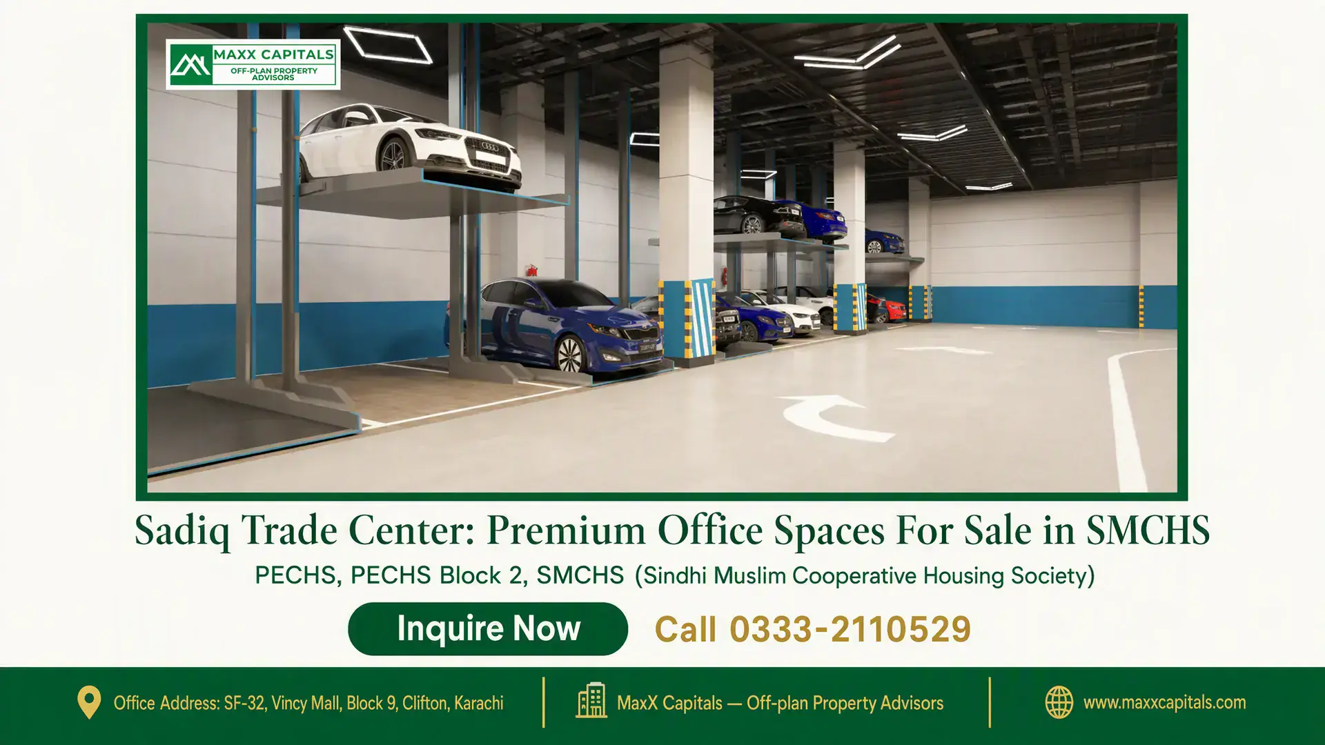 Sadiq Trade Center: Premium Office Spaces For Sale in SMCHS Modern car parking facility with vehicle lifts at Sadiq Trade Center in SMCHS, featuring ample space and sleek design.