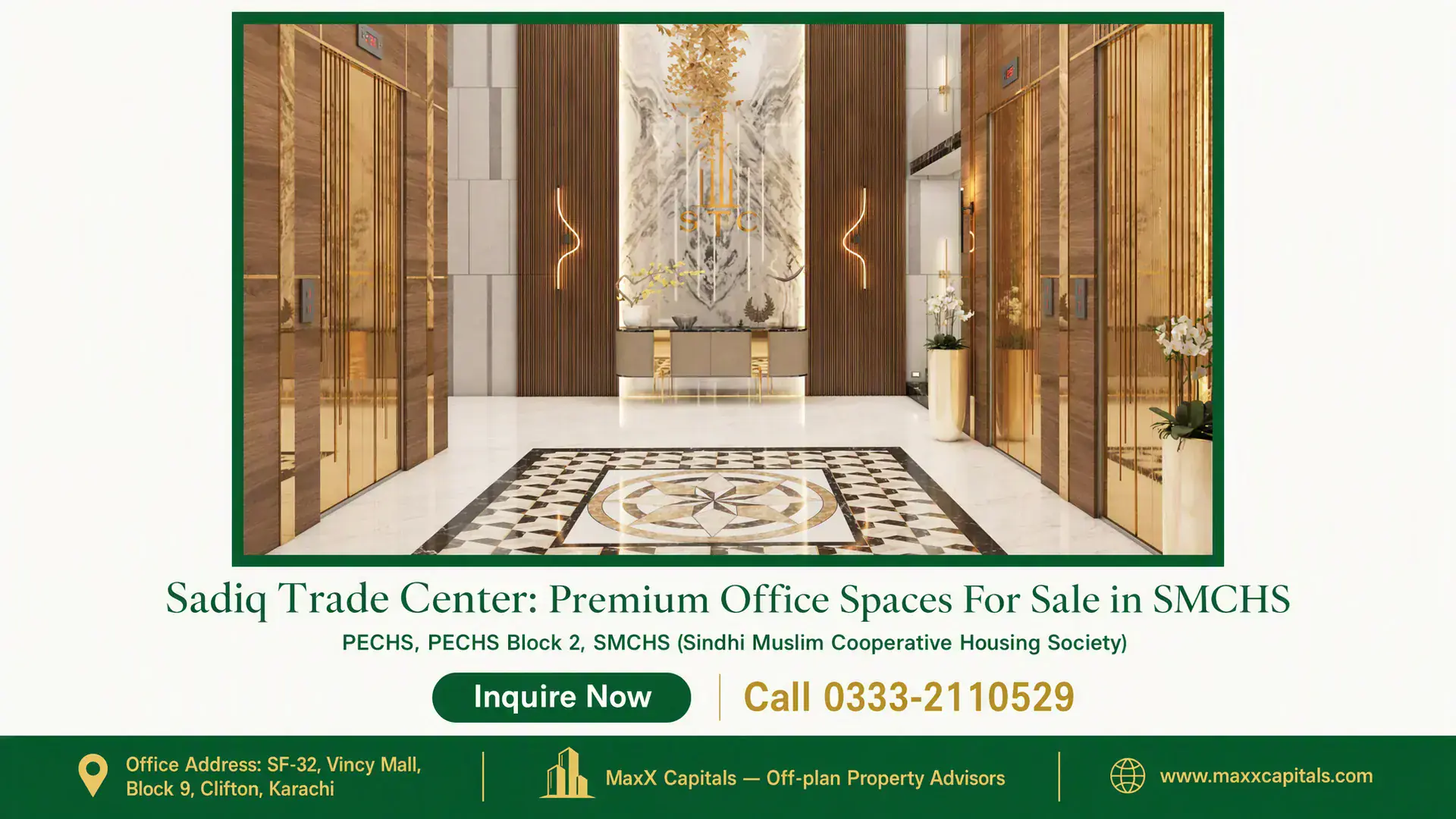Sadiq Trade Center: Premium Office Spaces For Sale in SMCHS Luxurious office lobby with marble flooring, gold elevators, modern lighting, and a grand centerpiece in Sadiq Trade Center.