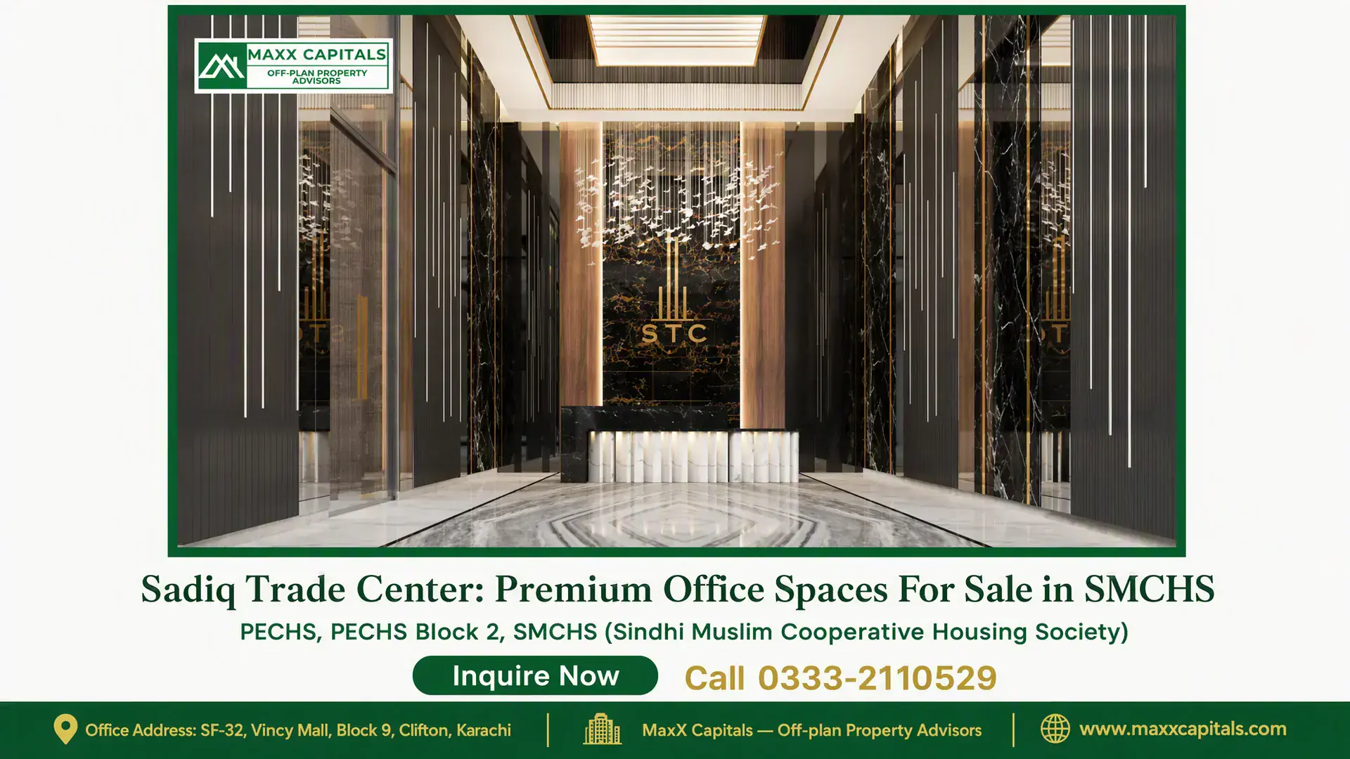 Sadiq Trade Center: Premium Office Spaces For Sale in SMCHS Luxurious lobby of Sadiq Trade Center with marble accents, gold detailing, and modern lighting in SMCHS.