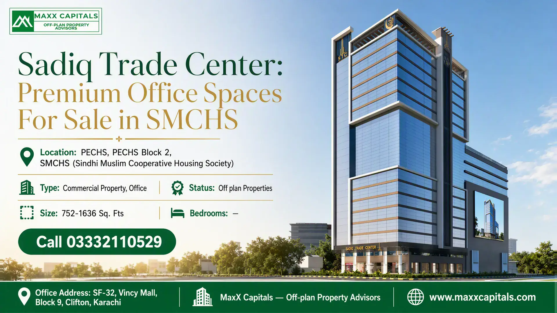 Sadiq Trade Center: Premium Office Spaces For Sale in SMCHS Modern glass-fronted Sadiq Trade Center in SMCHS, featuring contemporary architecture and multiple floors of premium offices.