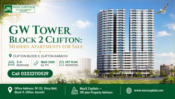 Twin High-Rise Apartment Buildings Of Gw Tower Block 2 In Clifton, Featuring A Modern Facade, Lush Landscaping, And Clear Ski