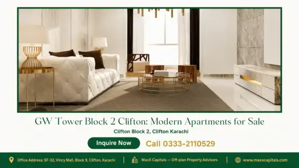 Elegant living room with a tufted sofa, gold accents, and marble finishes, located in GW Tower Block 2 Clifton.