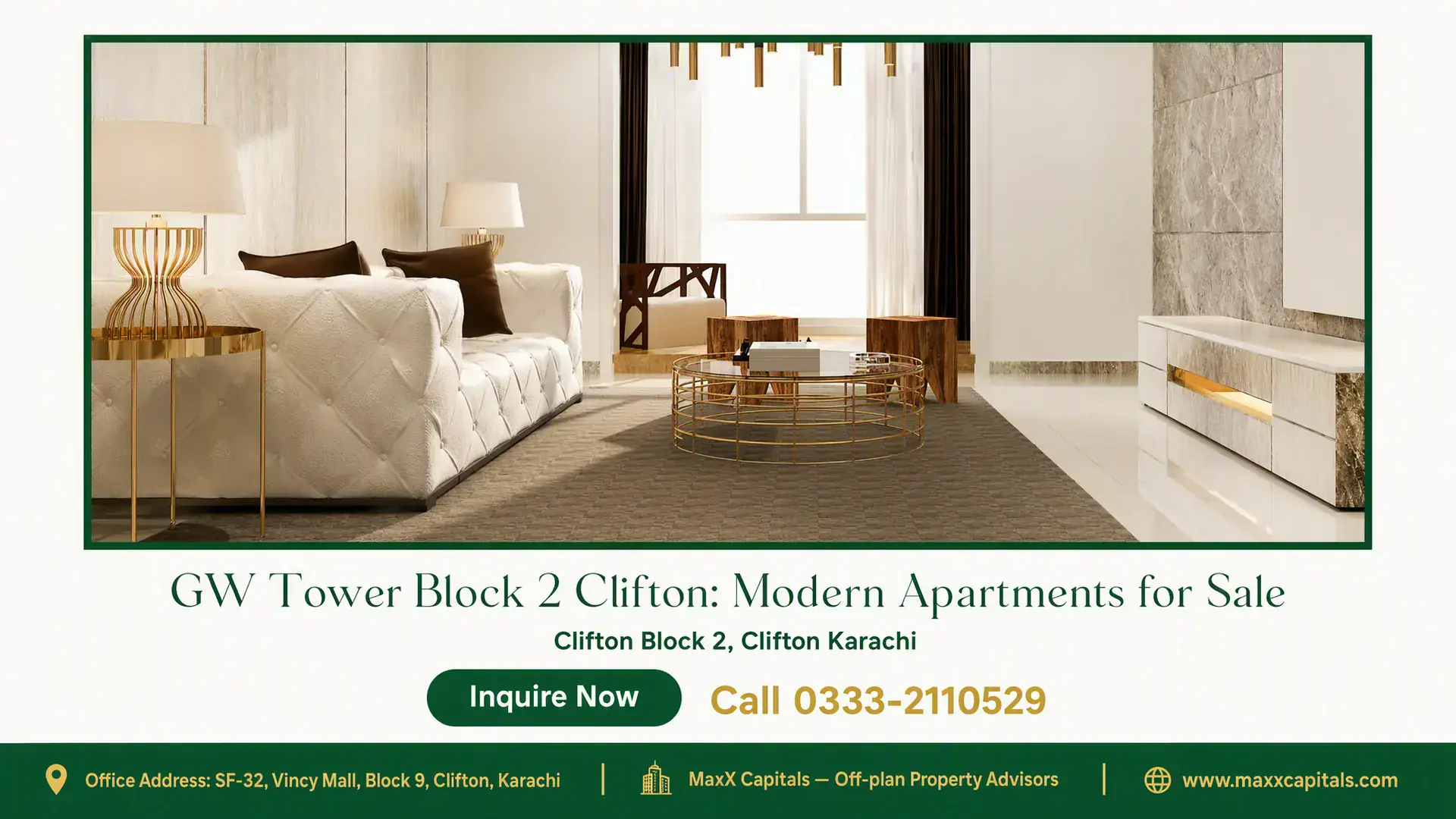GW Tower Block 2 Clifton: Modern Apartments for Sale Elegant living room with a tufted sofa, gold accents, and marble finishes, located in GW Tower Block 2 Clifton.