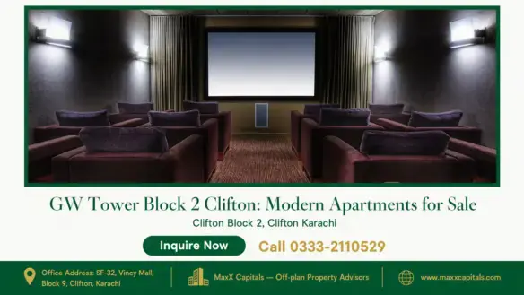 Private theater with plush seating, soft lighting, and a wall-mounted screen in GW Tower Block 2 Clifton.