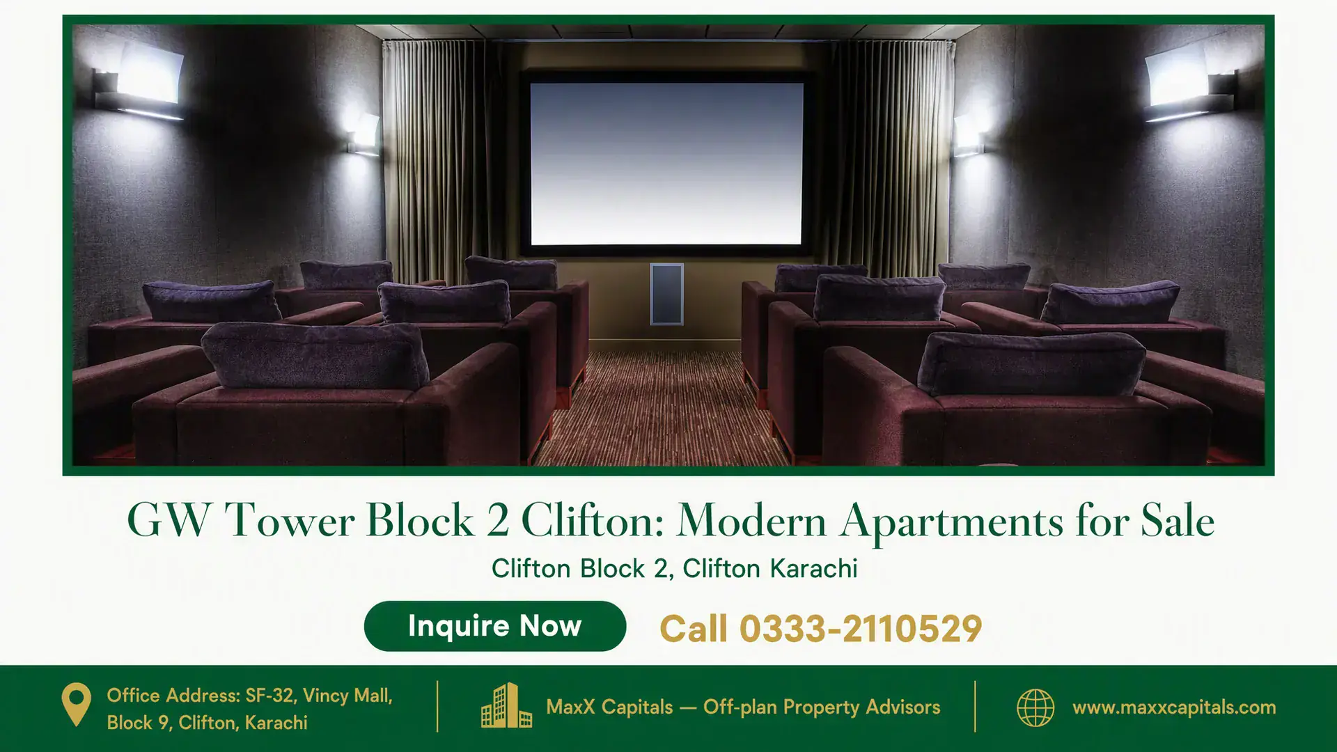 GW Tower Block 2 Clifton: Modern Apartments for Sale Private theater with plush seating, soft lighting, and a wall-mounted screen in GW Tower Block 2 Clifton.