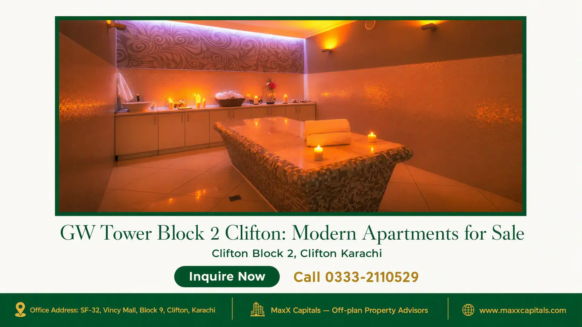 GW Tower Block 2 Clifton: Modern Apartments for Sale Luxurious spa room with mosaic tile massage table, ambient lighting, countertop, and candles in GW Tower.