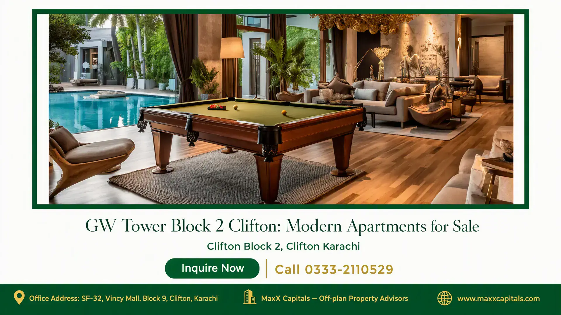 GW Tower Block 2 Clifton: Modern Apartments for Sale Luxury apartment lounge with wooden flooring, a pool table, plush seating, indoor plants, and poolside views at GW Tower Clif