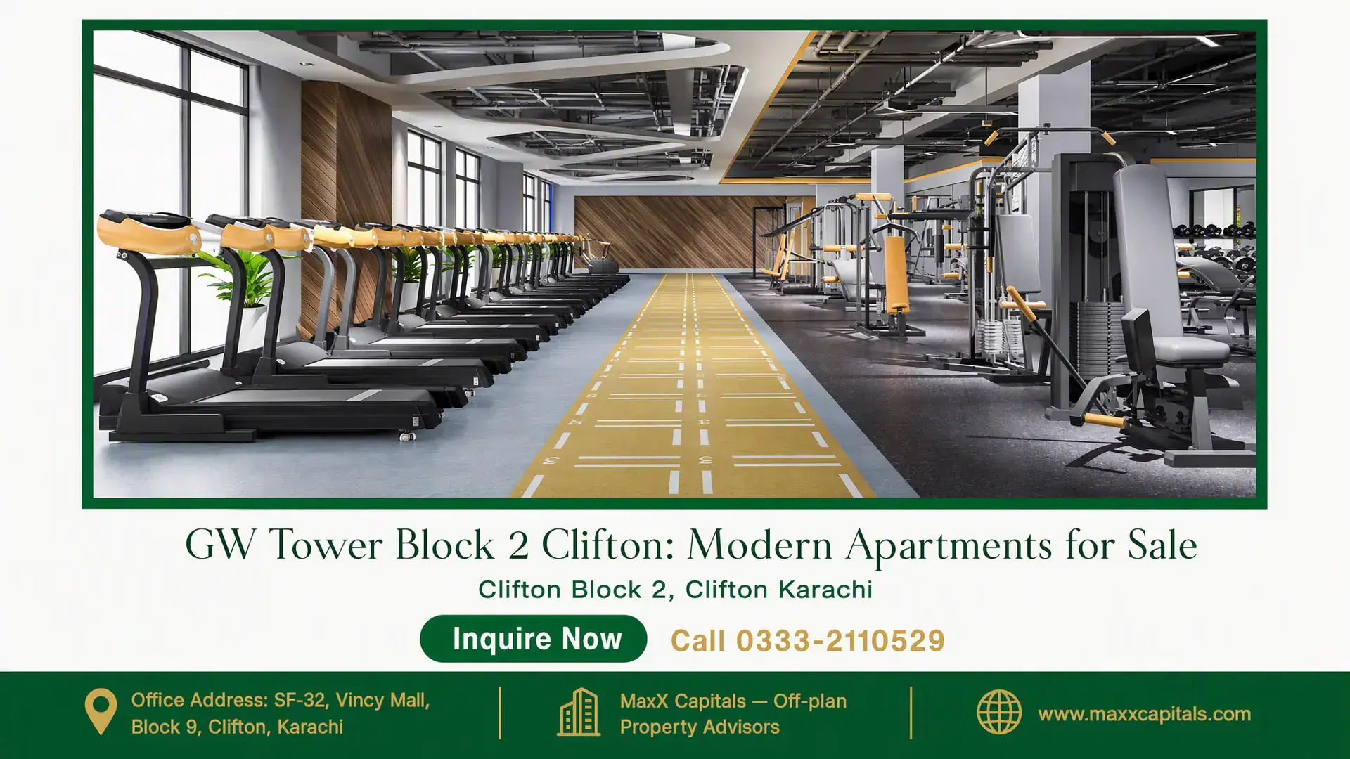 GW Tower Block 2 Clifton: Modern Apartments for Sale Modern gym interior with wooden accents, treadmills, free weights, and functional training equipment at GW Tower Block 2.