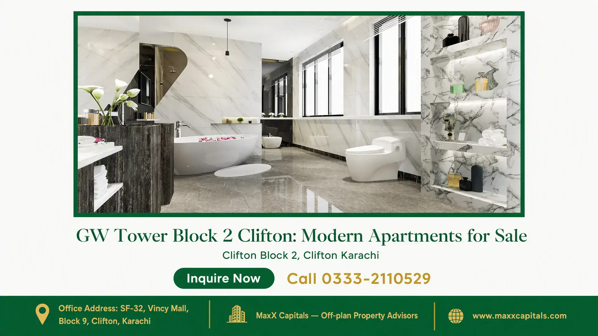 GW Tower Block 2 Clifton: Modern Apartments for Sale Elegant bathroom in GW Tower Block 2 Clifton with marble finishes, freestanding bathtub, large windows, and modern fixtures.
