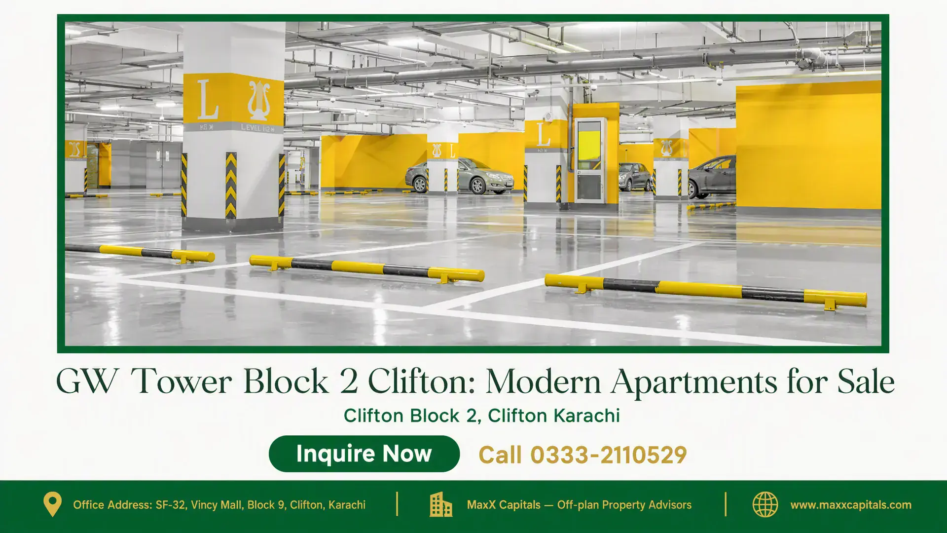 GW Tower Block 2 Clifton: Modern Apartments for Sale Modern and spacious underground parking area at GW Tower Block 2 Clifton with bright yellow markers and sleek finishes.
