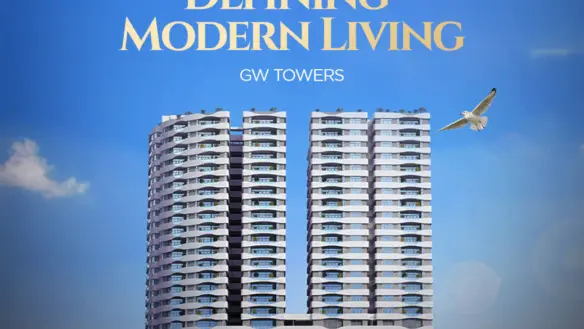 Twin Modern Gw Tower Block 2 High-Rises In Clifton With Curved White Facades, Glass Windows, Palm Trees, And Blue Sky