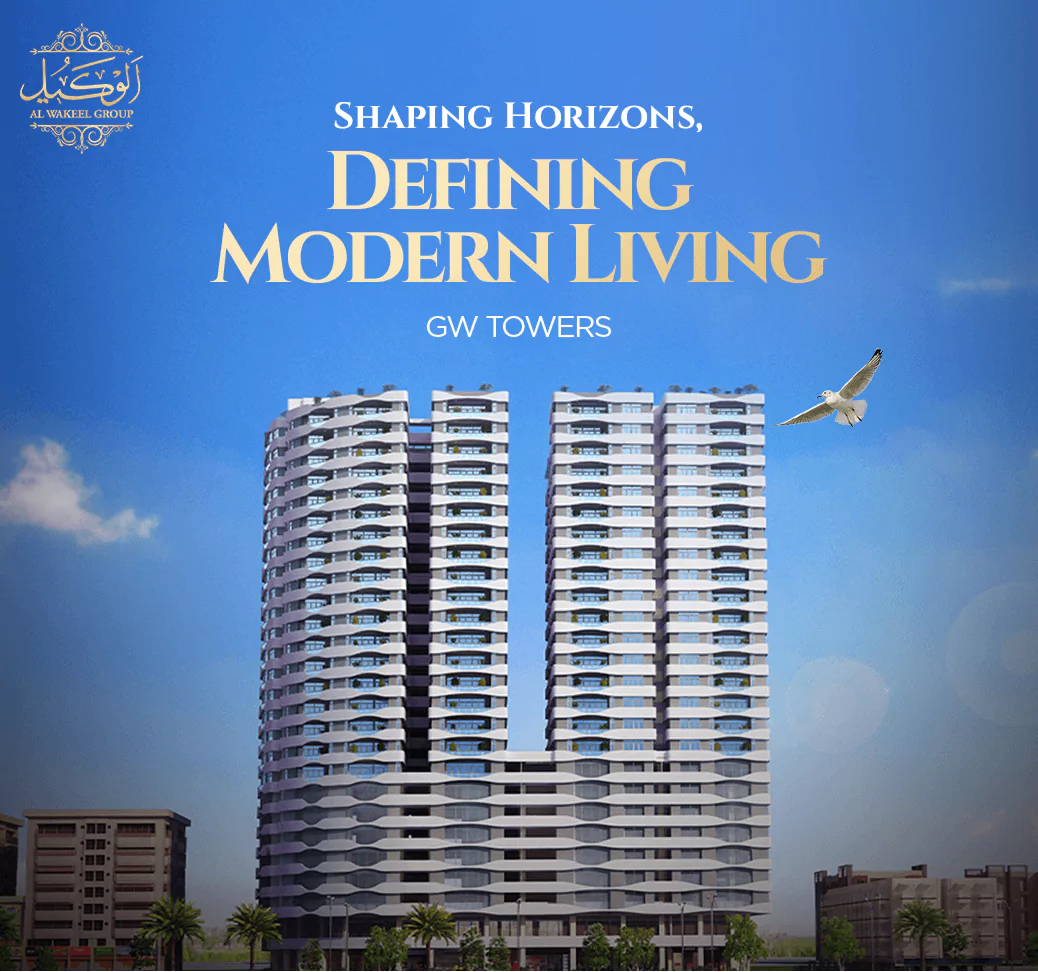 GW Tower Luxury Apartments for Sale in Block 2 Clifton Karachi (1) Twin modern GW Tower Block 2 high-rises in Clifton with curved white facades, glass windows, palm trees, and blue sky
