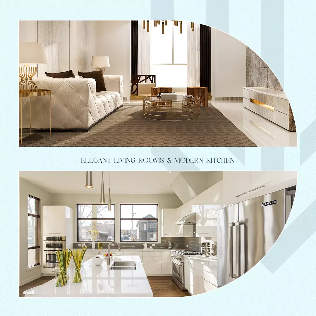 GW Tower Luxury Apartments for Sale in Block 2 Clifton Karachi (2) Elegant living room with white leather sofa, gold accents, large windows and modern kitchen in GW Tower Block 2 Clifton