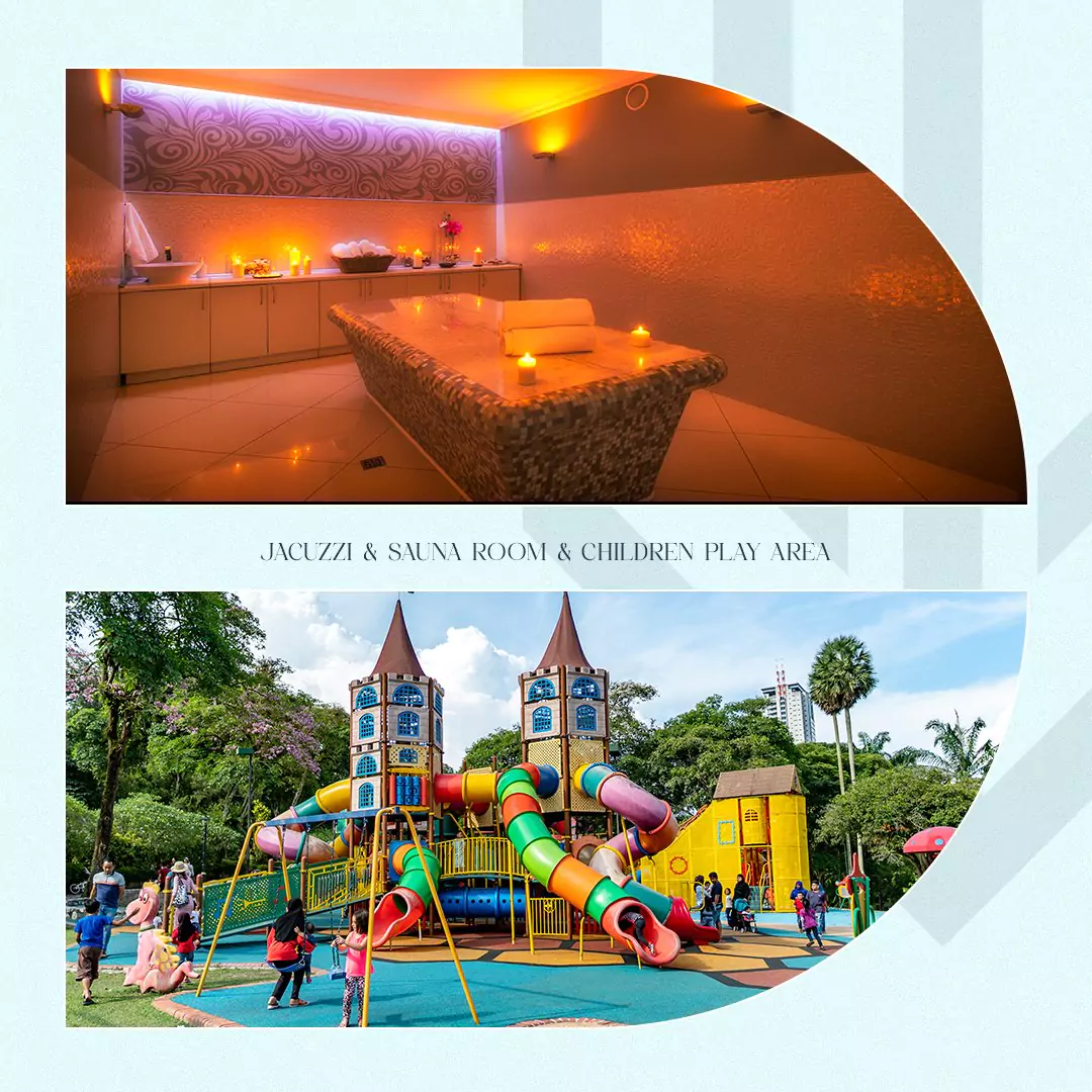 GW Tower Luxury Apartments for Sale in Block 2 Clifton Karachi (4) Jacuzzi tub with candles and towels in modern sauna room, plus colorful playground with slides towers and swings at GW Tower