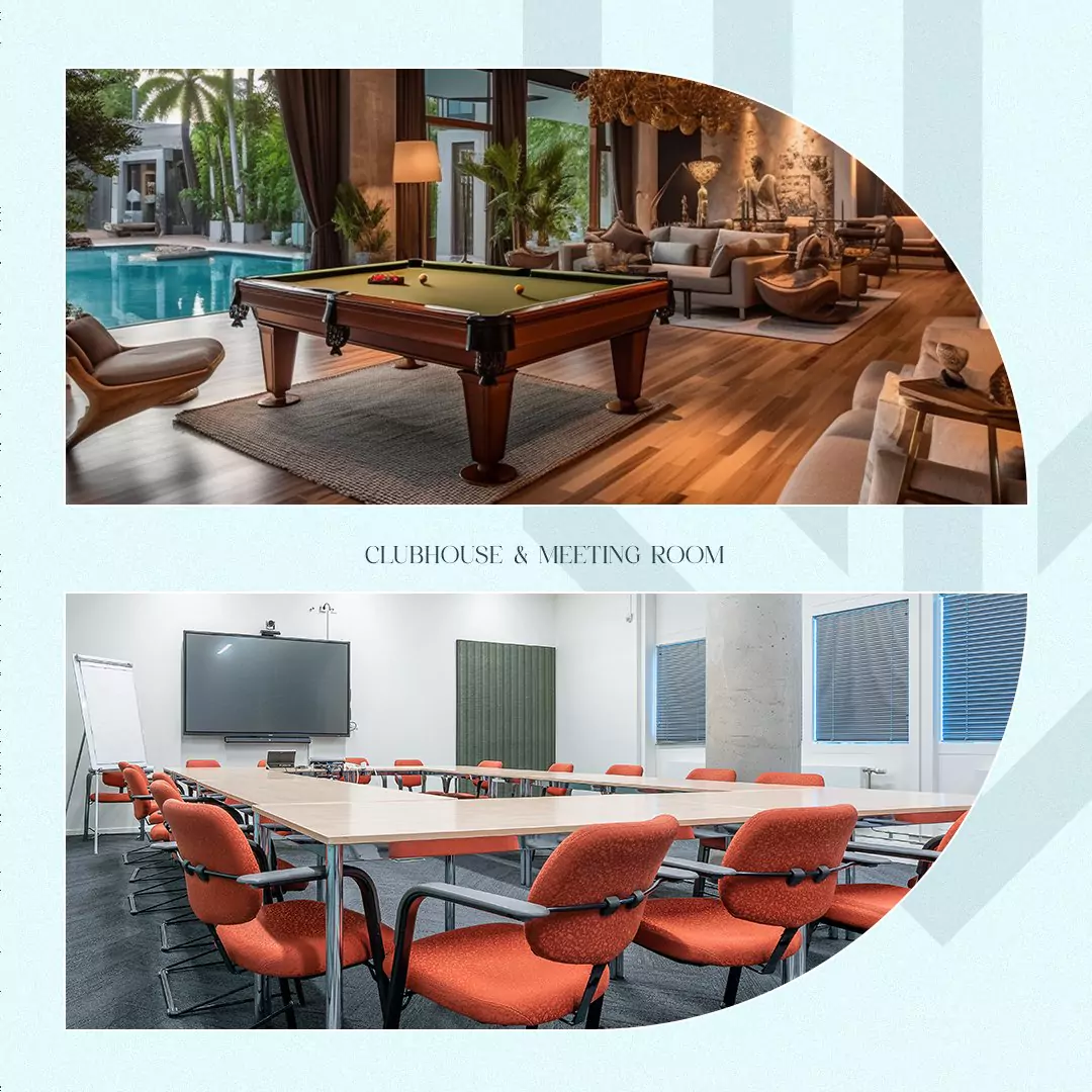 GW Tower Luxury Apartments for Sale in Block 2 Clifton Karachi (5) Luxurious GW Tower Clifton clubhouse with poolside lounge, billiards table, modern seating, plants; adjacent meeting room wit