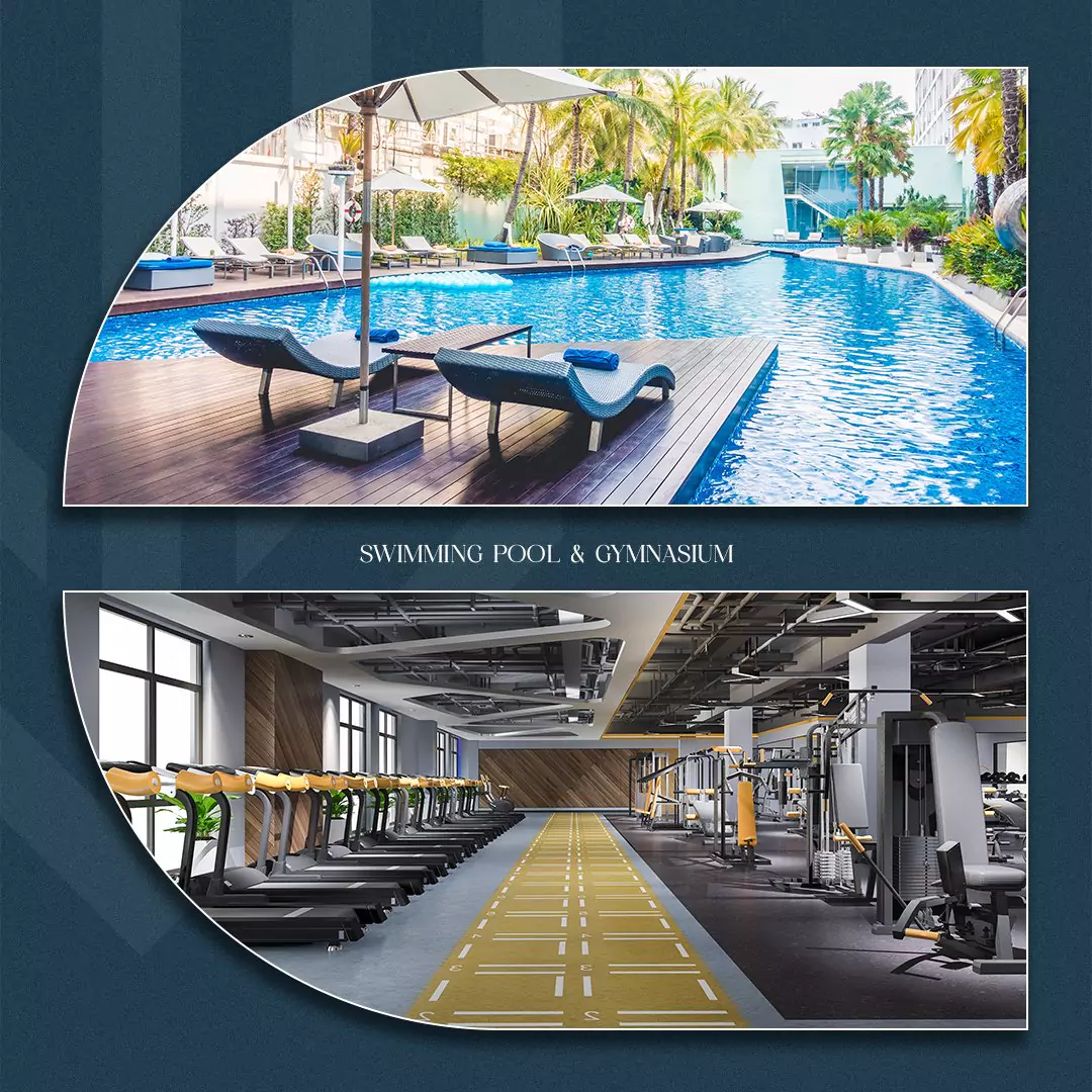 GW Tower Luxury Apartments for Sale in Block 2 Clifton Karachi (6) GW Tower Block 2 Clifton infinity swimming pool with sun loungers, umbrellas, palm trees and modern gym with treadmills, weig