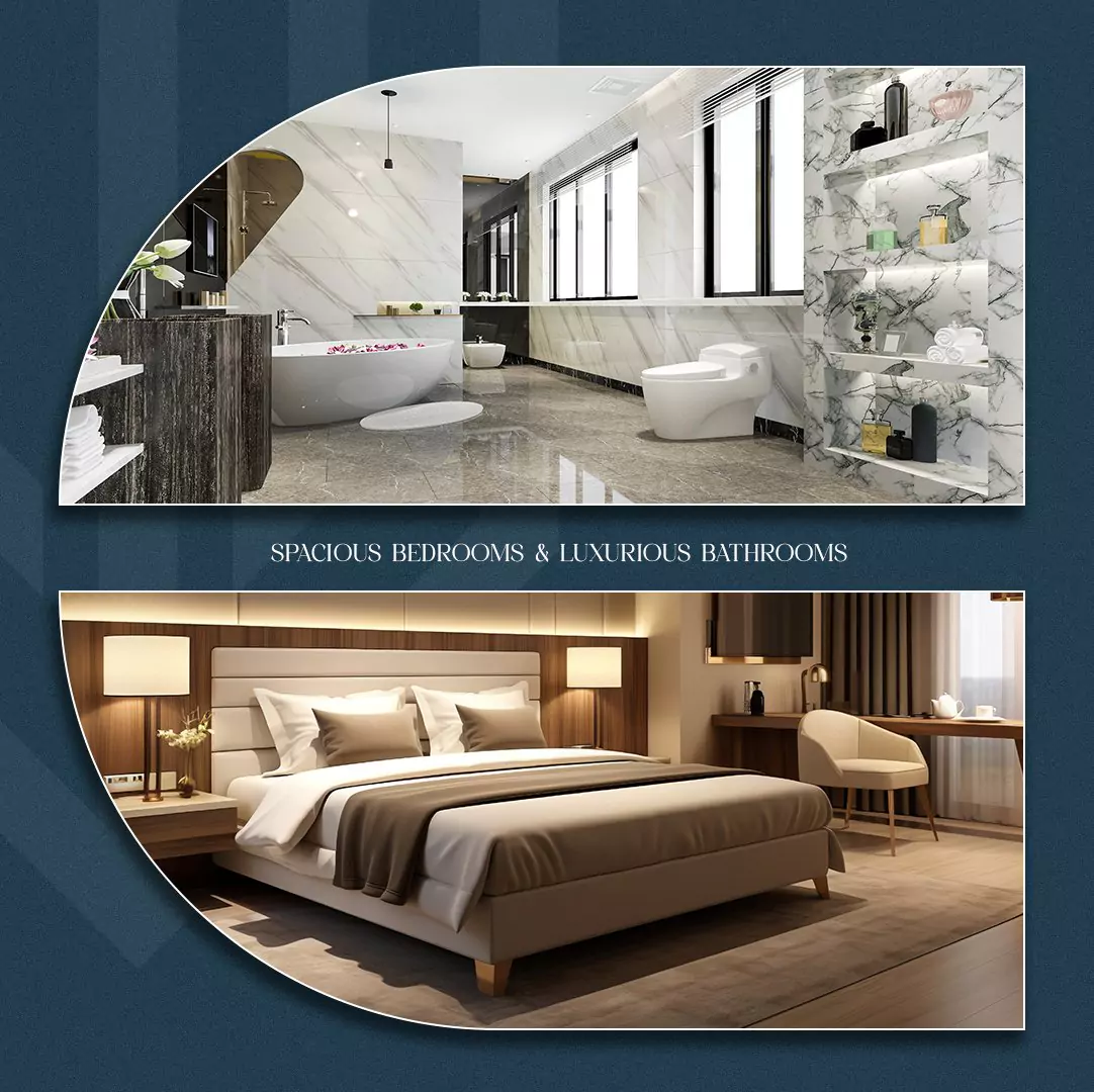 GW Tower Luxury Apartments for Sale in Block 2 Clifton Karachi (7) Spacious bedroom with king bed and luxurious marble bathroom with freestanding tub in GW Tower Block 2 Clifton