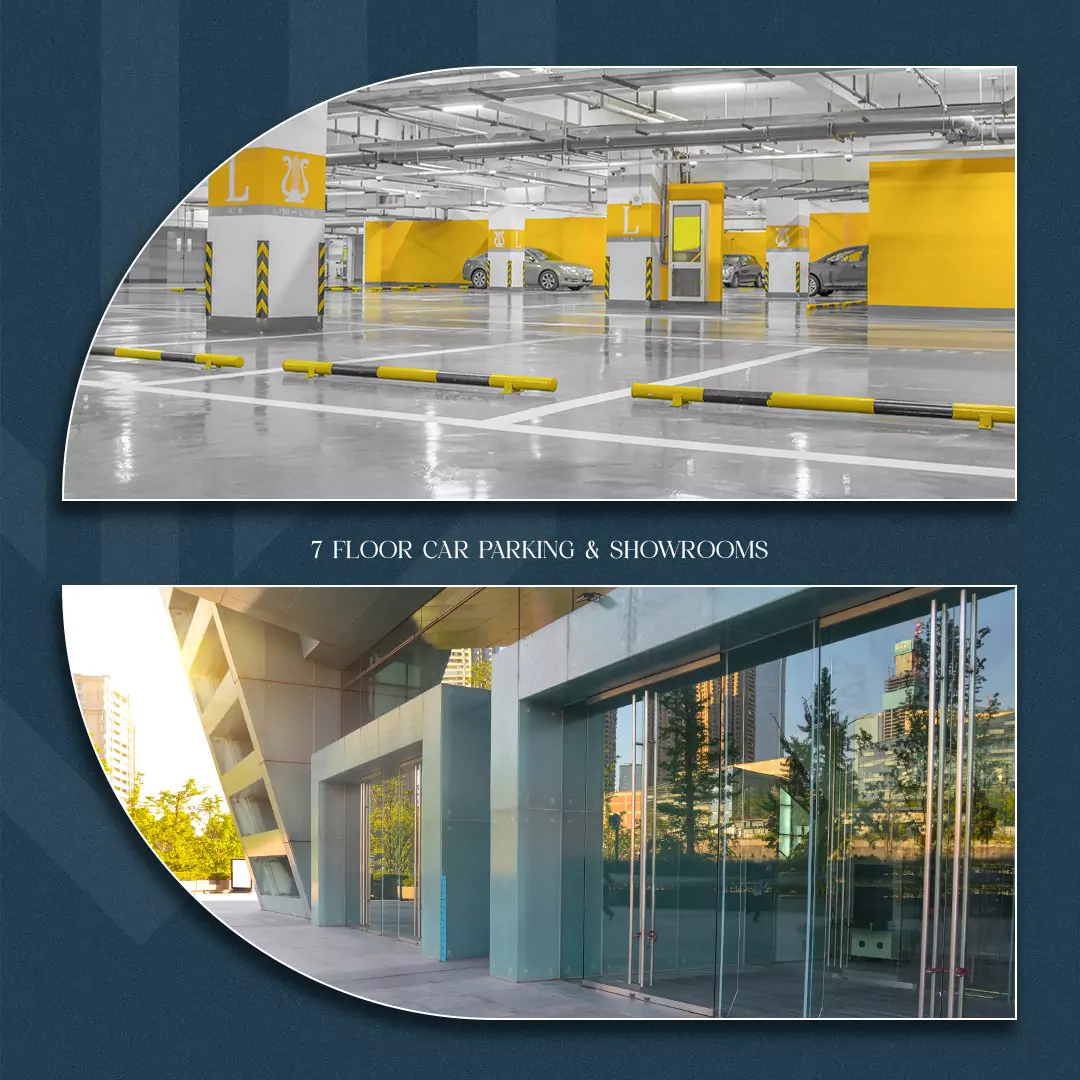 GW Tower Luxury Apartments for Sale in Block 2 Clifton Karachi (8) 7th floor car parking and showrooms at GW Tower Block 2 Clifton with yellow walls, parked cars, and modern glass facade exter