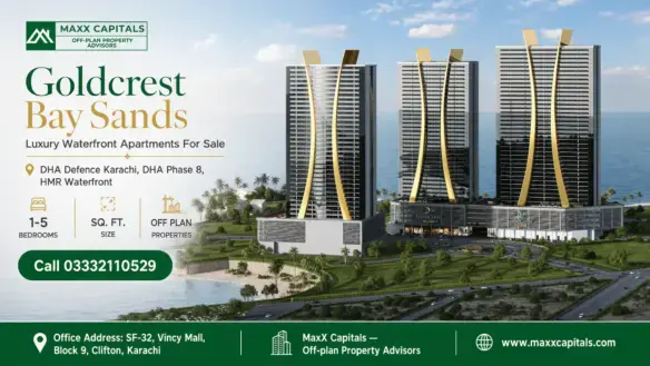 Three Contemporary High-Rise Towers With Sleek Glass Facades And Gold Architectural Accents Overlooking A Waterfront At Goldc