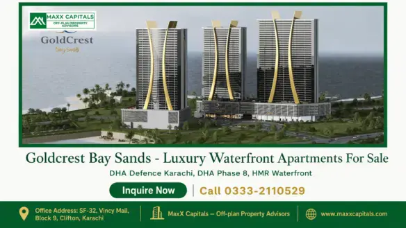 Modern high-rise waterfront towers at Goldcrest Bay Sands with elegant gold architectural accents, overlooking lush greenery