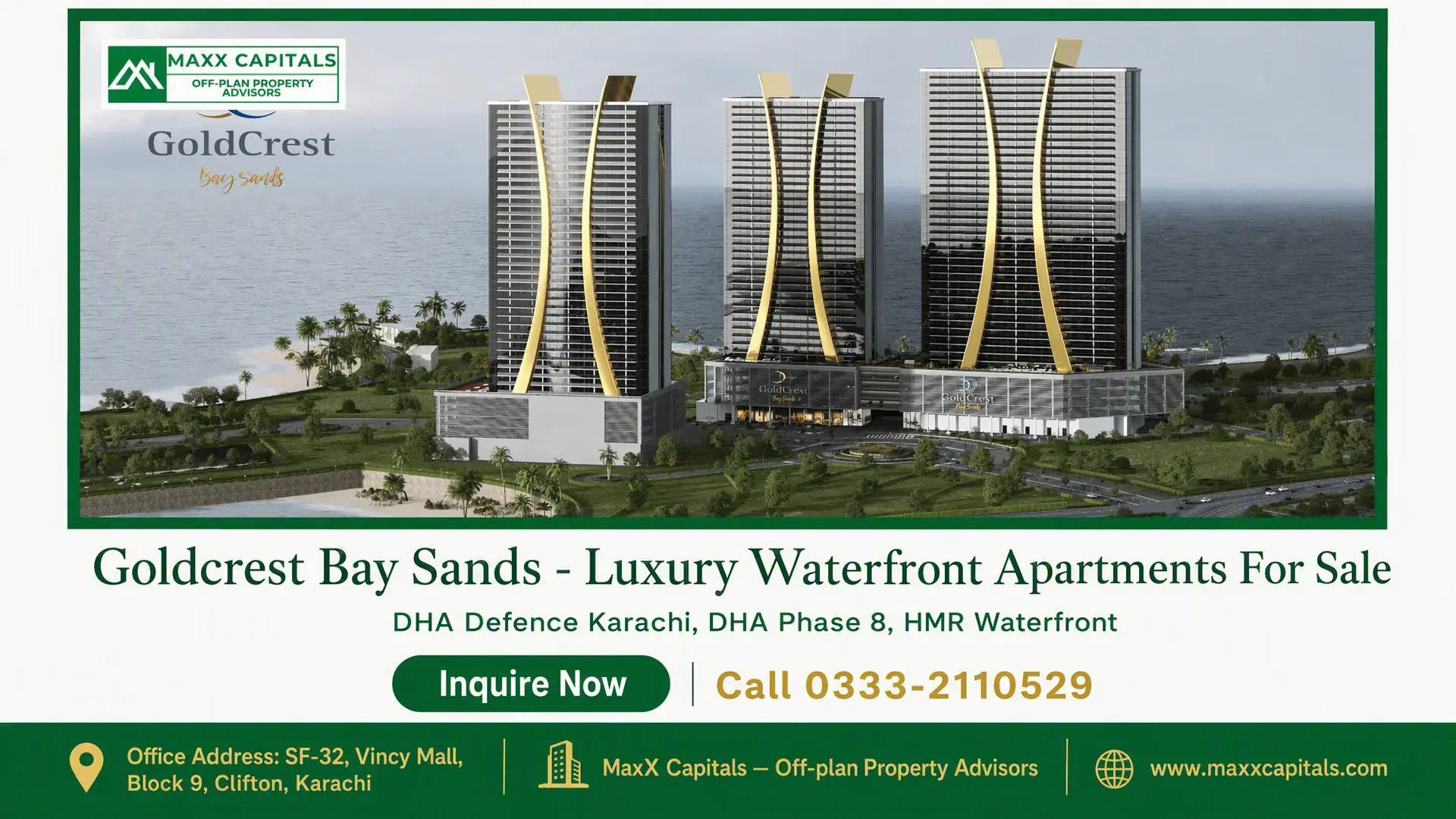 Goldcrest Bay Sands – Luxury Waterfront Apartments For Sale Modern high-rise waterfront towers at Goldcrest Bay Sands with elegant gold architectural accents, overlooking lush greenery