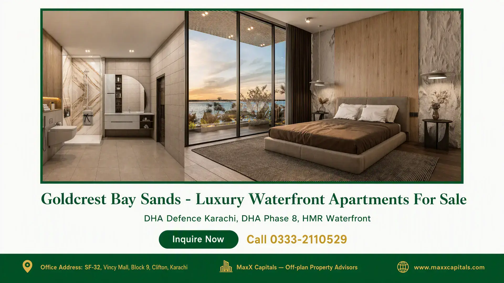 Goldcrest Bay Sands – Luxury Waterfront Apartments For Sale Spacious luxury bedroom with modern wood detailing, floor-to-ceiling windows showcasing waterfront views at Goldcrest Bay San