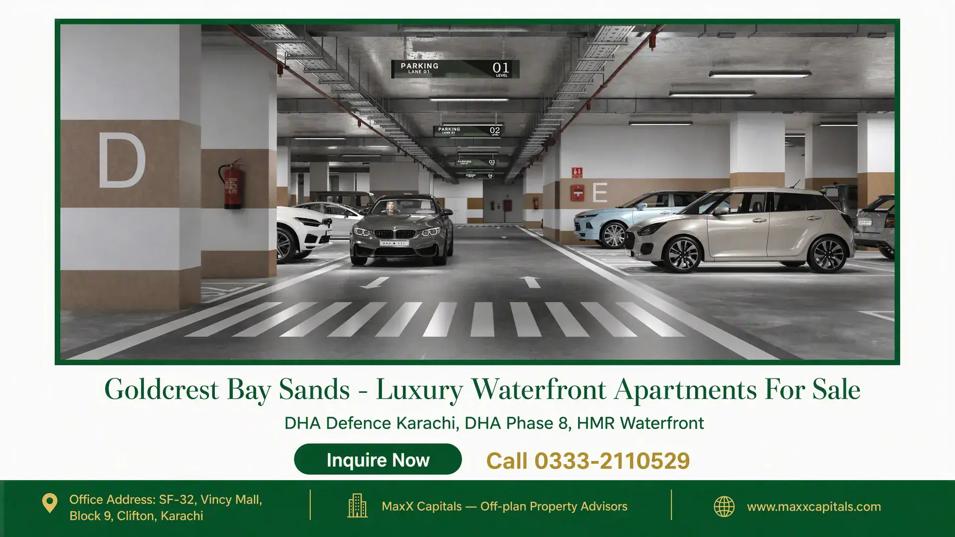 Goldcrest Bay Sands – Luxury Waterfront Apartments For Sale Modern underground parking facility at Goldcrest Bay Sands with luxury cars and clear signage for lanes and fire safety.