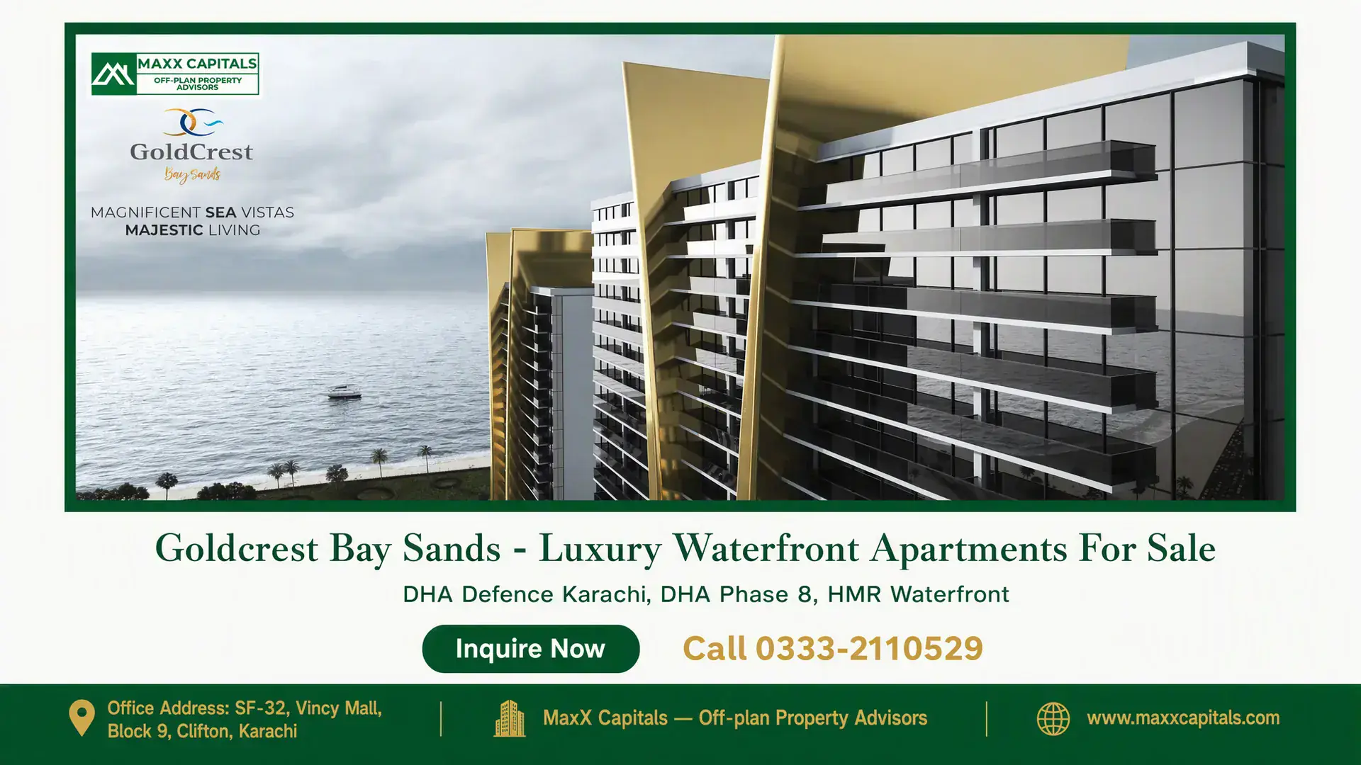 Goldcrest Bay Sands – Luxury Waterfront Apartments For Sale Modern waterfront apartment buildings with gold accents overlooking the sea at Goldcrest Bay Sands.