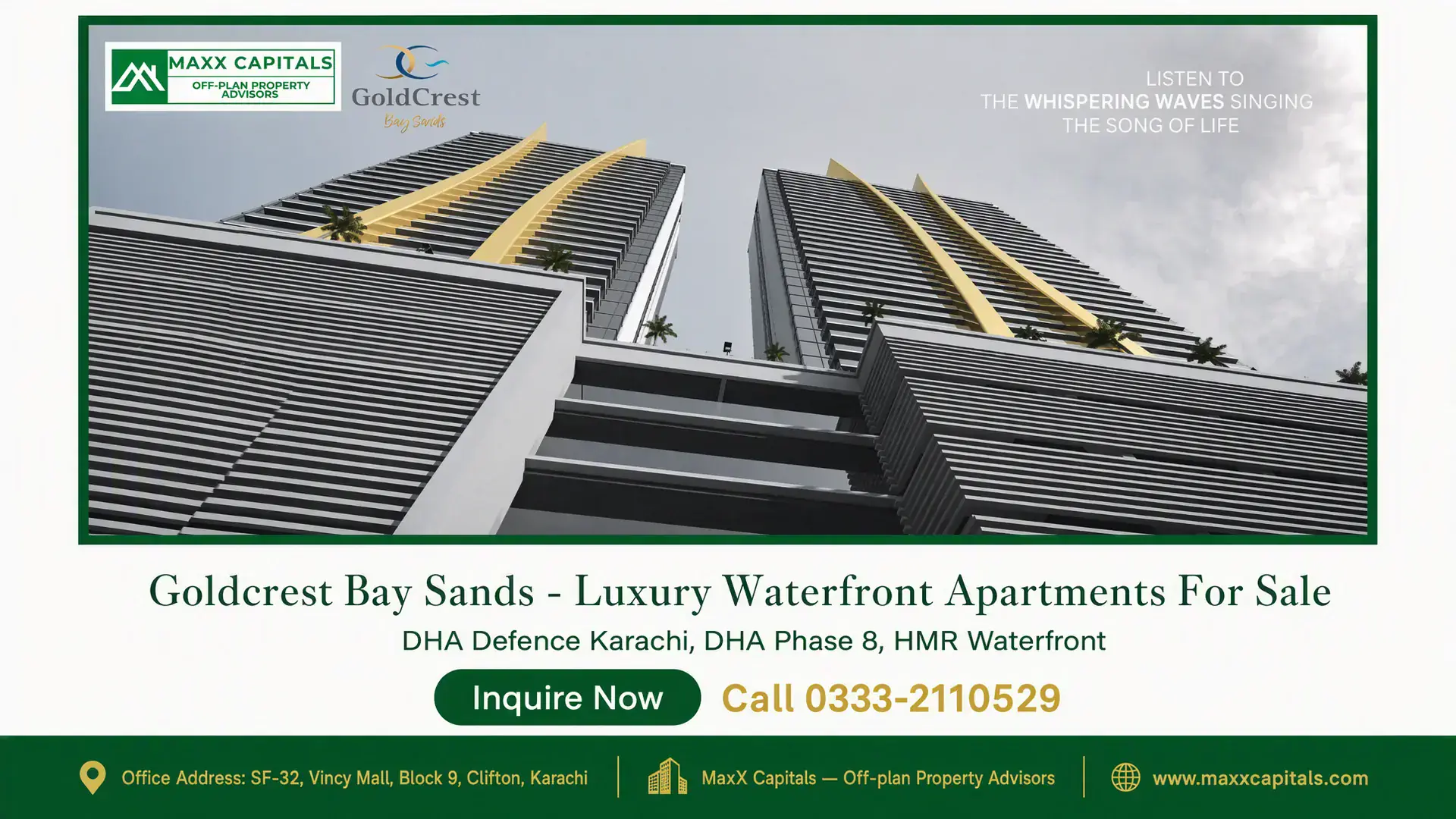 Goldcrest Bay Sands – Luxury Waterfront Apartments For Sale Modern twin high-rise towers of Goldcrest Bay Sands with sleek gray facade, golden accents, and palm trees for a luxurious wa