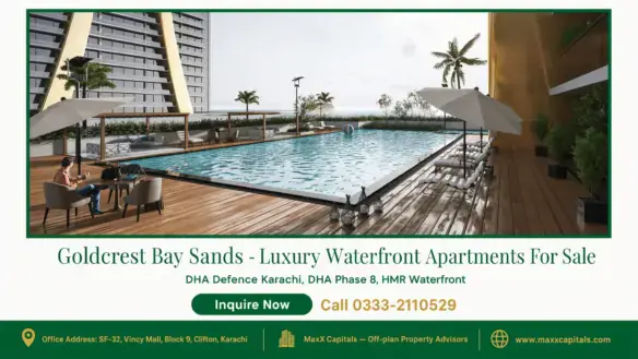 Modern rooftop pool with wooden deck, lounge chairs, umbrellas, and views of Goldcrest Bay Sands luxury apartments.