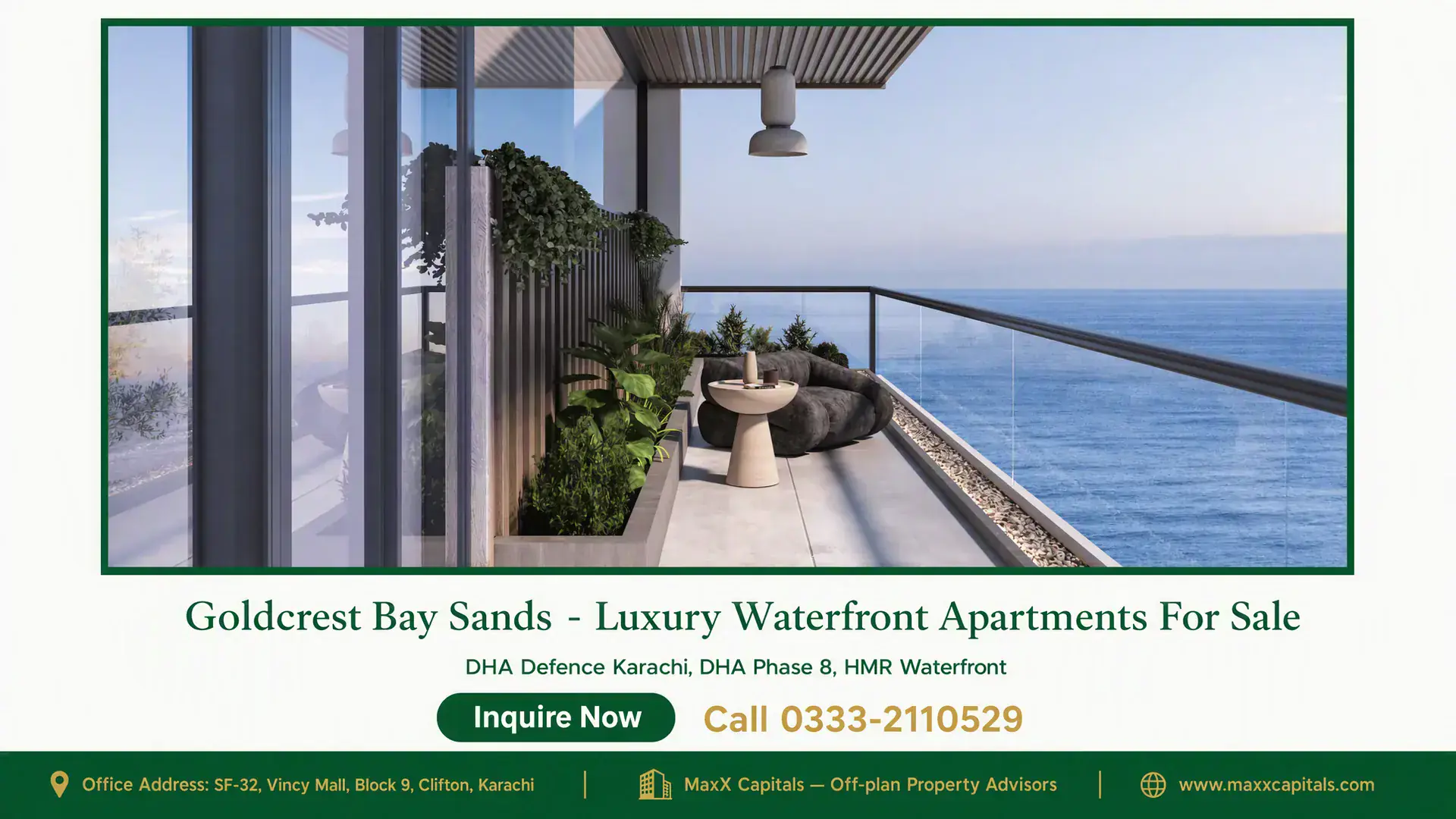 Goldcrest Bay Sands – Luxury Waterfront Apartments For Sale Modern waterfront apartment balcony with glass railing, lush greenery, sleek furniture, and sea views at Goldcrest Bay Sands.