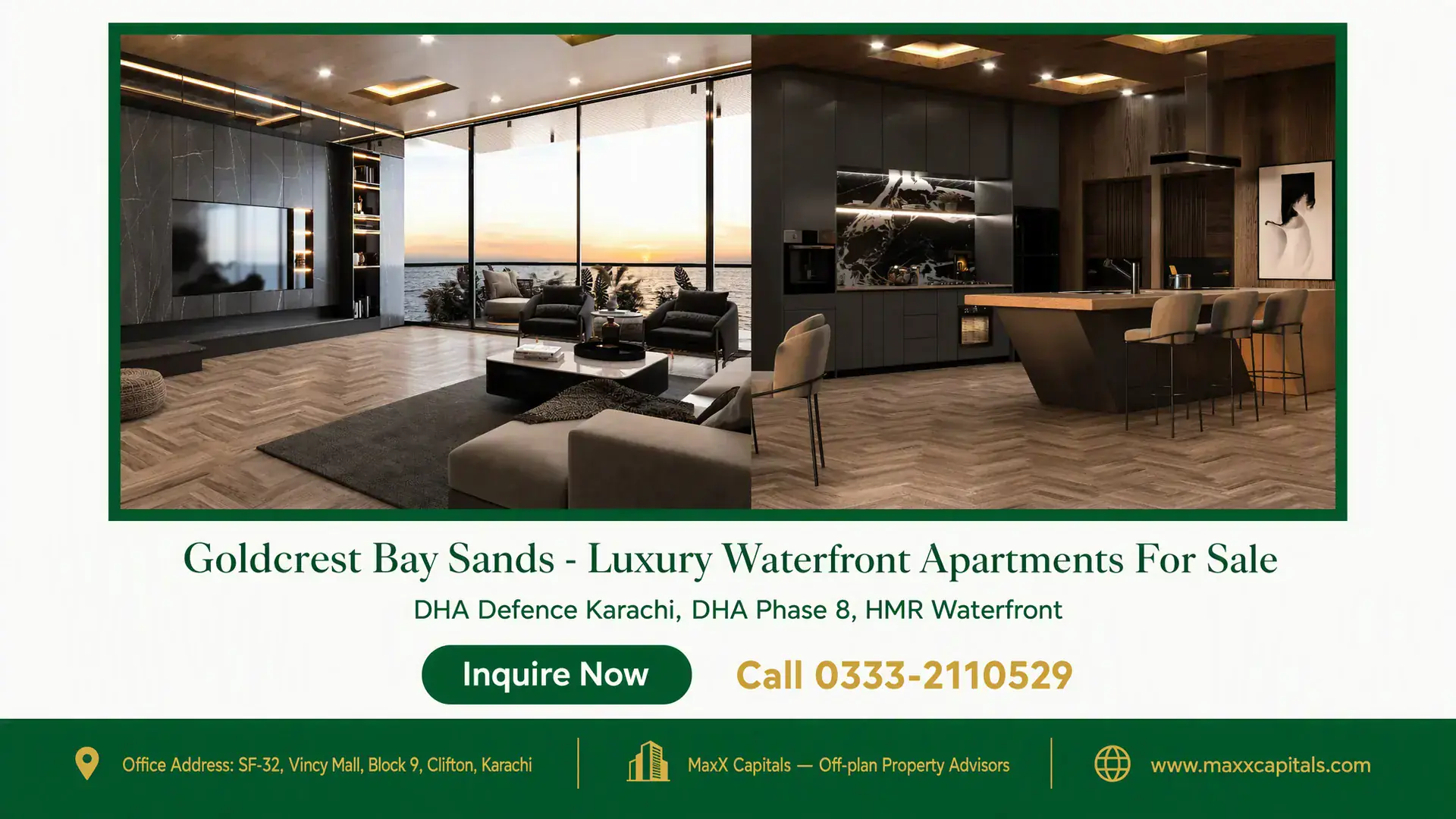 Goldcrest Bay Sands – Luxury Waterfront Apartments For Sale Modern open-plan living space at Goldcrest Bay Sands featuring herringbone flooring, sleek cabinetry, and panoramic waterfron
