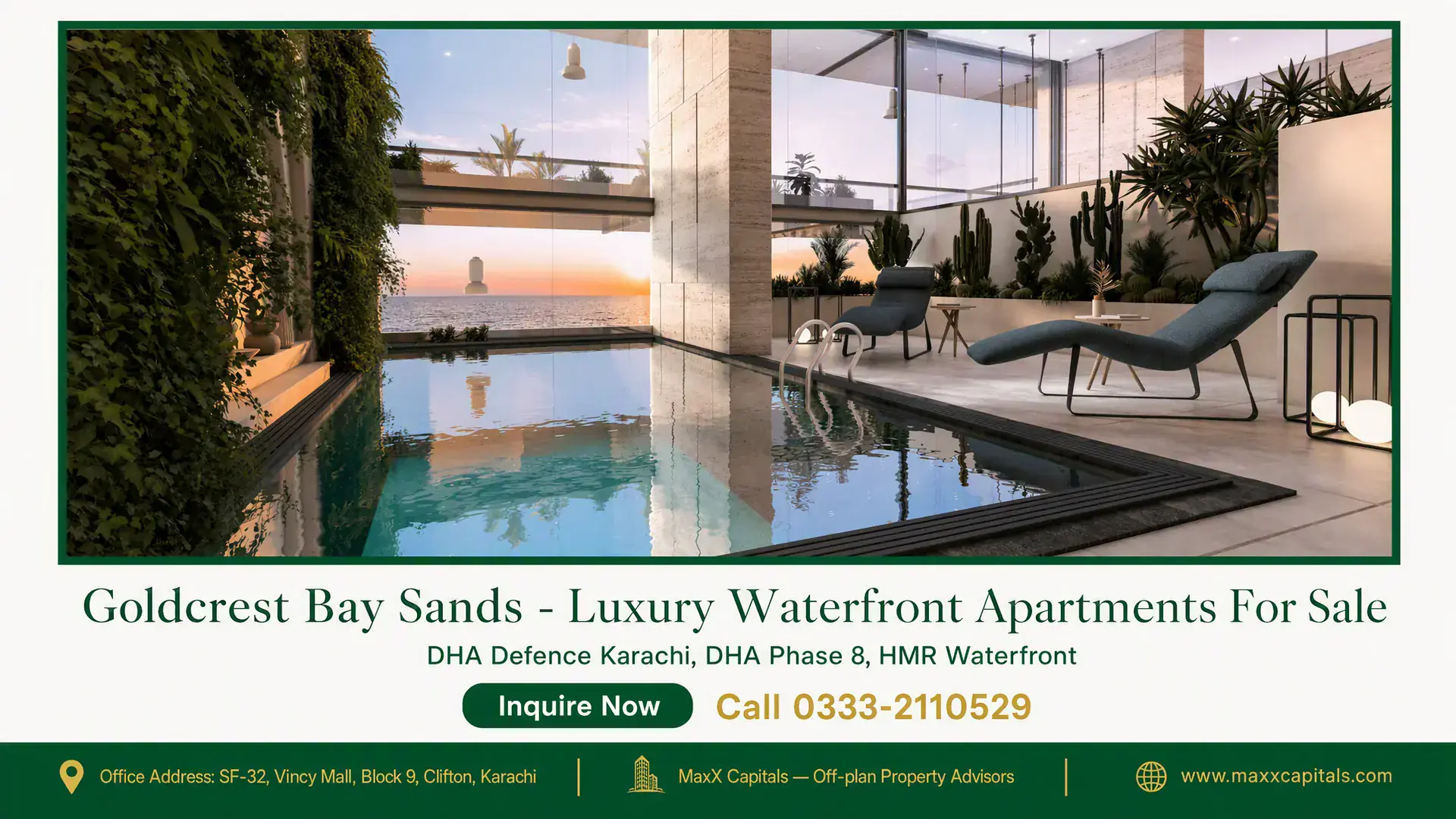 Goldcrest Bay Sands – Luxury Waterfront Apartments For Sale Infinity pool with modern lounge chairs, lush greenery, and ocean view at Goldcrest Bay Sands luxury waterfront apartments.